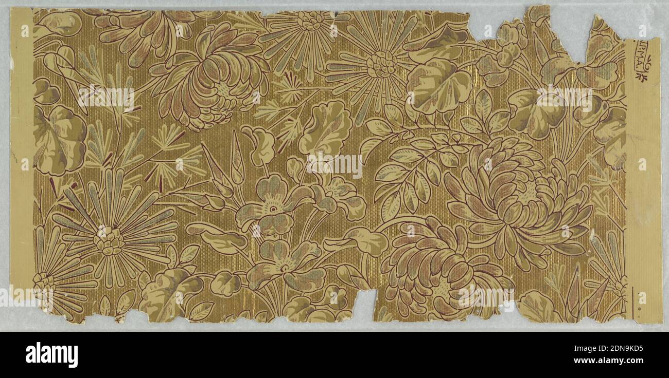 Sidewall, Machine-printed on embossed paper, Aesthetic-style design, with chrysanthemums and other flowers, printed against a textured gold ground., USA, 1880–87, Wallcoverings, Sidewall Stock Photo