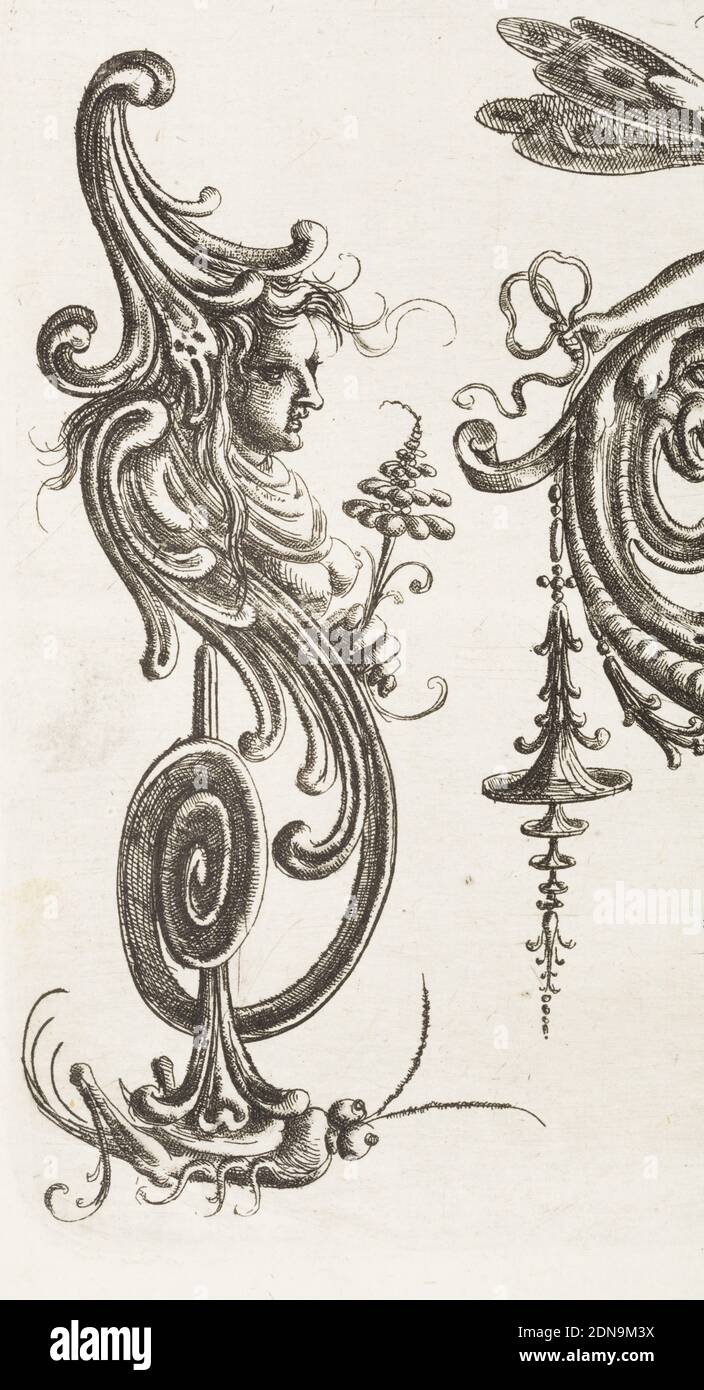 Plate 28, from Neüw Grotteßken Buch (New Grotesque Book), Christoph Jamnitzer, German, 1563 - 1618, Engraving on laid paper, Ornamental cartouche composed of auricular, cartilage-like form in a heart shape, surmounted by a half-length female winged figure. At either side, similar forms of volute shape rest on a grasshopper, left, and a tortoise, right., Germany, 1610, ornament, Print Stock Photo