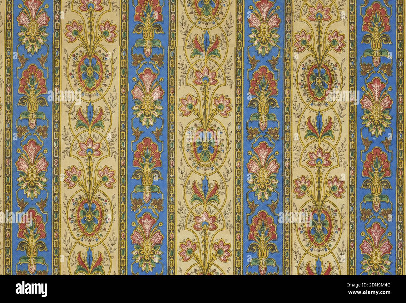 Curtain paper, Jeffrey & Company, 1836–1930 London, England, Machine-printed paper, embossed. Components a/p mounted on muslin, components s,t machine stitched threads, r) metal rings, s) brass eyes, 'a/q': Embossed in small-scale diamond-diaper pattern, vertical stripes: alternating white and bright blue backgrounds with short repeat floral and leaf patterns, symmetrical along vertical axes; strong multicolors, especially red, outlined in yellow. Stripes separated by black band between yellow lines, with string-of-beads pattern; 'r/u': tie backs of blue background striped, hemmed ends folded Stock Photo