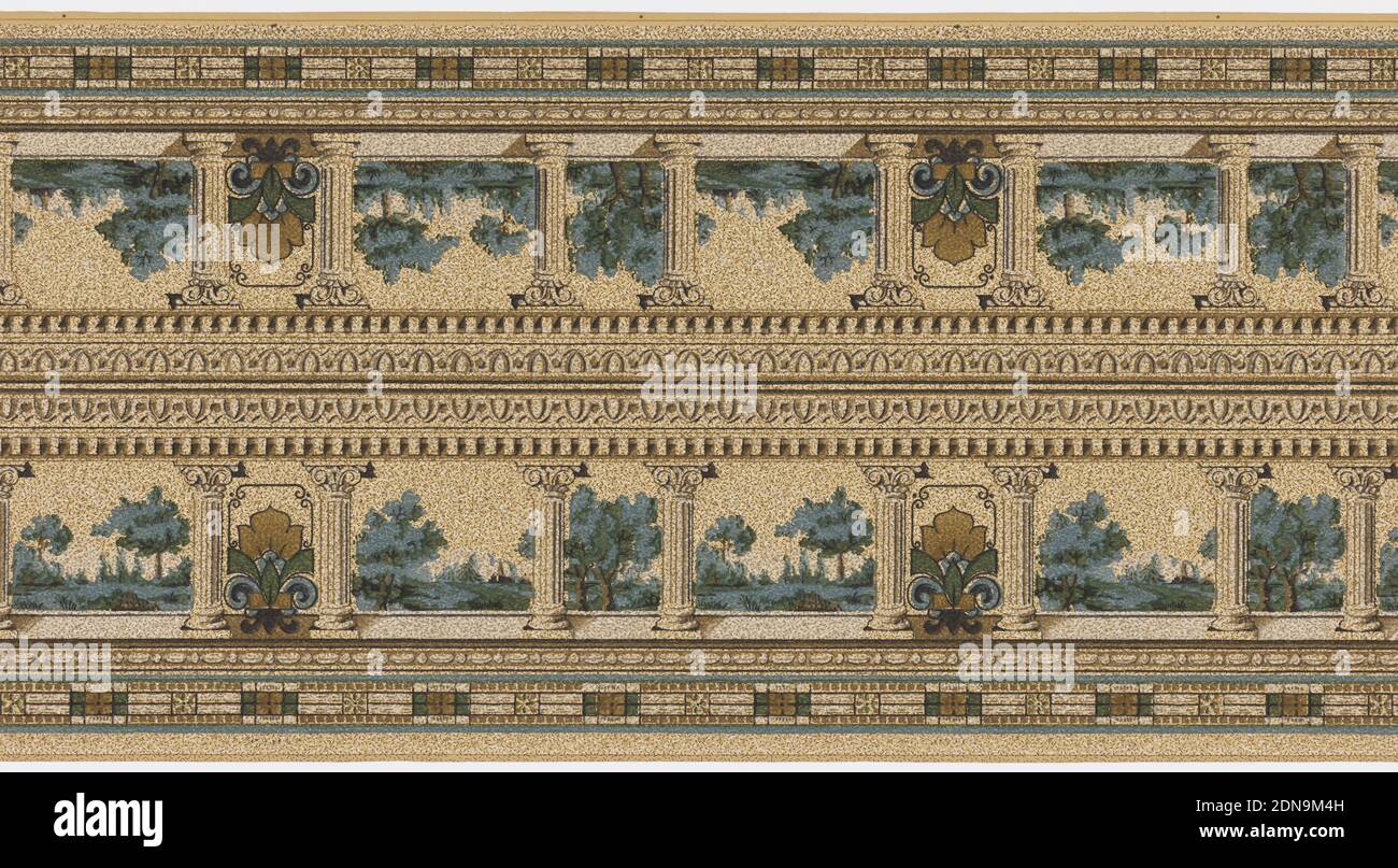 Borders, Machine-printed, Landscape vista with trees seen through portico or balustrade. A decorative fleur-de-lis motif appears every fourth opening. Printed in green, blue, brown and liquid mica on spotted tan background., USA, 1900–1920, Wallcoverings, Borders Stock Photo