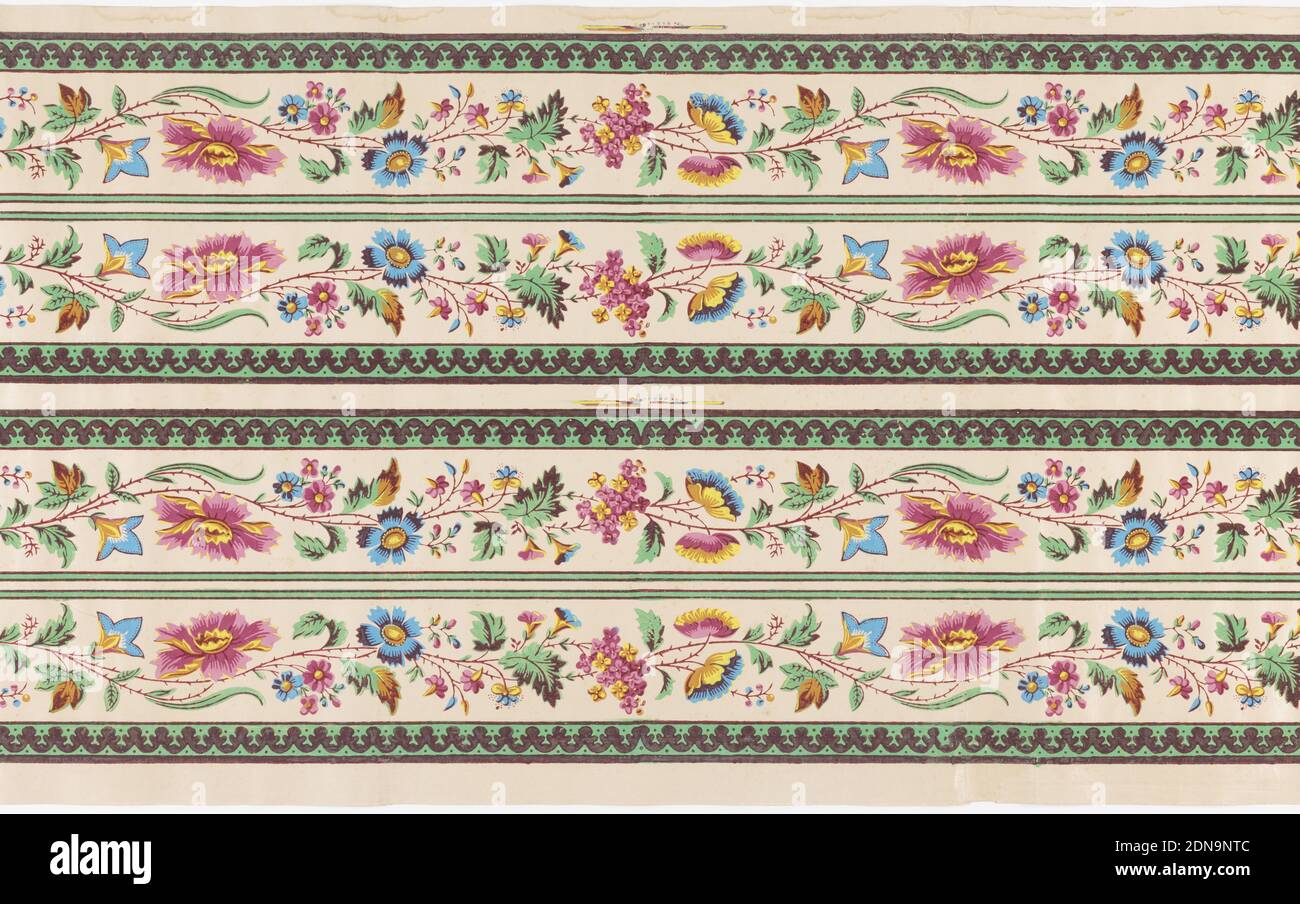 Continuous garlands of freesias, peonies, phlox, and morning glories, Block-printed on handmade paper, Printed four borders across width, continuous stylized floral garland on cream/peach satin ground with green banding at edges., France, ca. 1830, Wallcoverings, Border, Border Stock Photo