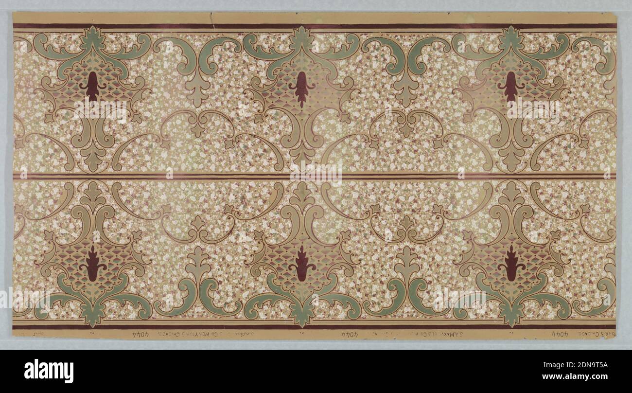 Frieze, S.A. Maxwell & Co., Machine-printed paper, Scrolls and floral motifs on background of all-over mottled effect. Recommended for kitchens and children's rooms as the surface design hid fingermarks and dirt. Borders printed two across the width., USA, 1905–1915, Wallcoverings, Frieze Stock Photo