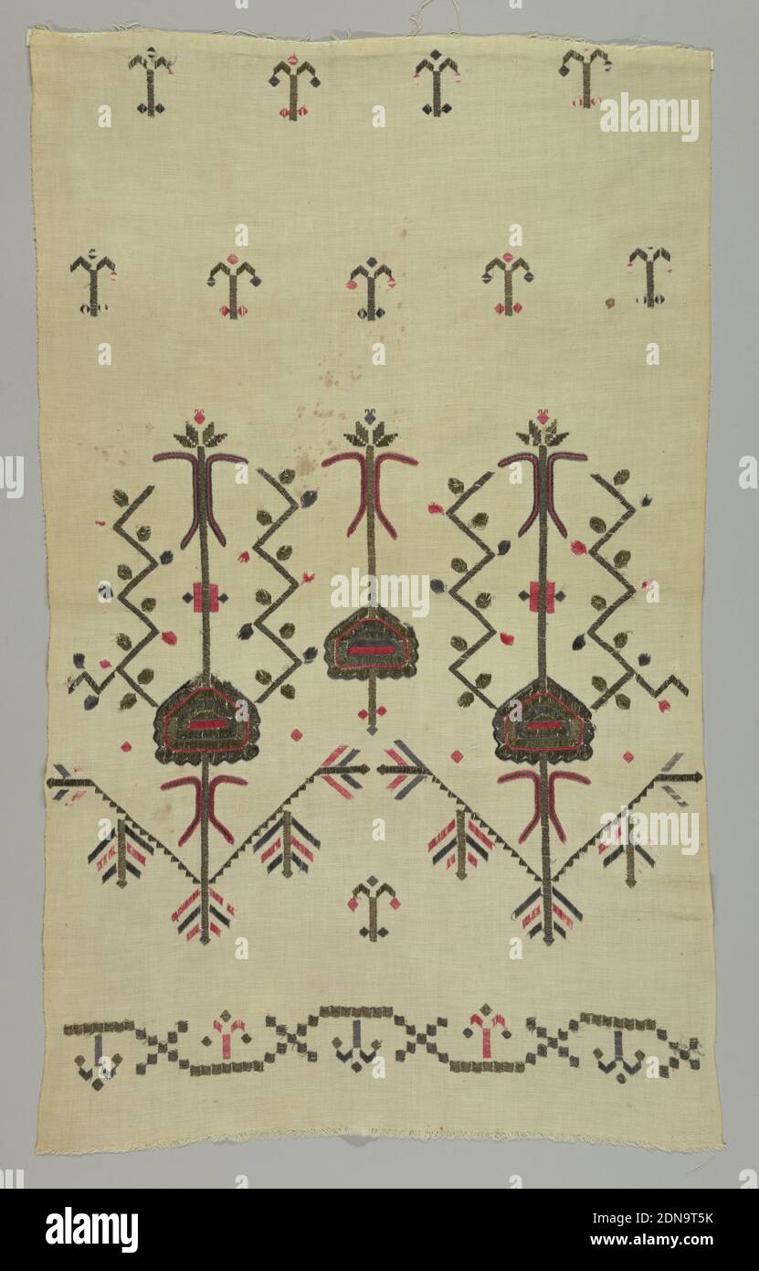 Girdle fragment, Medium: cotton, metal Technique: embroidered, Piece cut from the end of girdle. Embroidery in conventionalized design based on diagonal lines and squares., Balkans, 19th century, embroidery & stitching, Girdle fragment Stock Photo