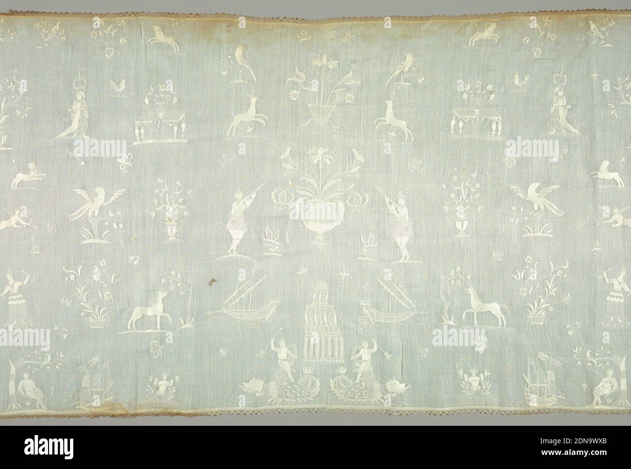 Panel, Medium: linen Technique: embroidery with open work on plain weave, Horizontal rectangular panel of white linen embroidery and open work on a sheer white plain weave ground. Motifs include vases of flowers, cupids with arrows, ships, roosters. On the center line, two mermen with tridents riding sea monsters flanking a domed building., Europe, ca. 1700, embroidery & stitching, Panel Stock Photo