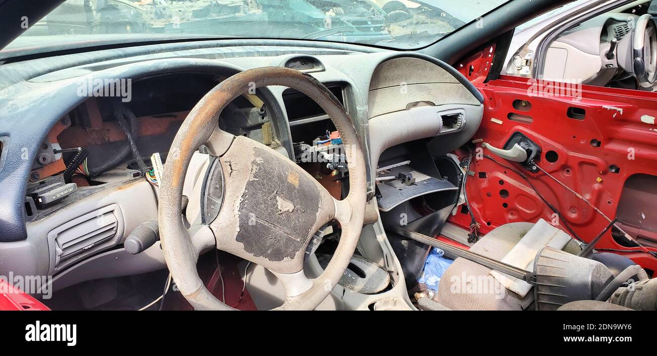 Broken car in the junkyard, Houston Stock Photo