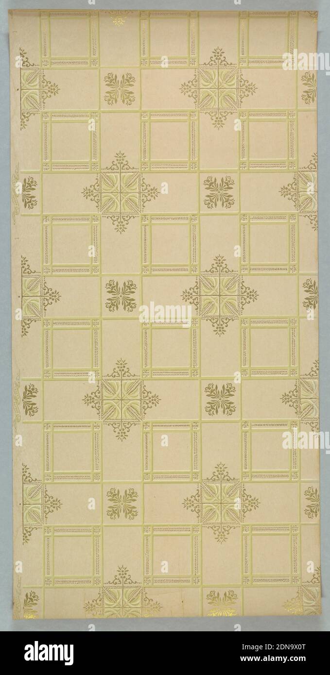 Ceiling paper, Standard Wall-Paper Company, Standard Wall-Paper Company, Sandy Hill, New York, Machine-printed paper, Tile-like ceiling paper with square cells with simple, rectangular borders alternating with large diamond-shaped medallions and small square medallions composed of foliate detail. Diamond-shaped medallions also contain Maltese crosses. Printed in beige, gold and white on khaki ground., Sandy Hill, New York, USA, 1905–1915, Wallcoverings, Ceiling paper Stock Photo