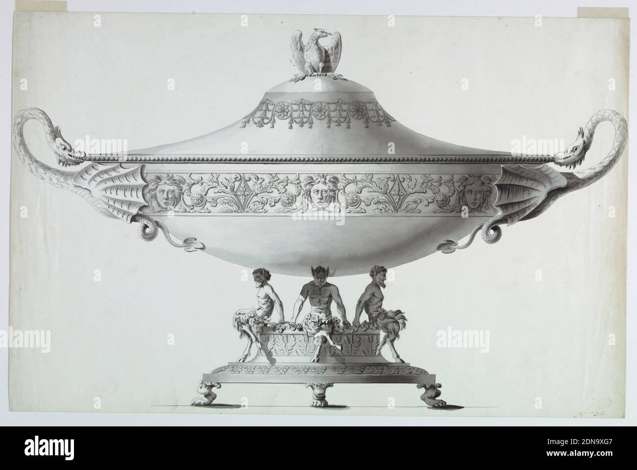 Design for a Tureen, Joseph Anton Seethaler II, German, 1799–1868, Pen and ink on paper, Three satyrs are shown seated upon a pedestal and supporting with their heads the ovoidal bowl which is decorated with a frieze in which Medusae alternate with an acanthus plant with a rosette in the center. Dragons as handles and a spread eagle over a thunder bolt on top of the cover., Germany, 1820-1830, Drawing Stock Photo