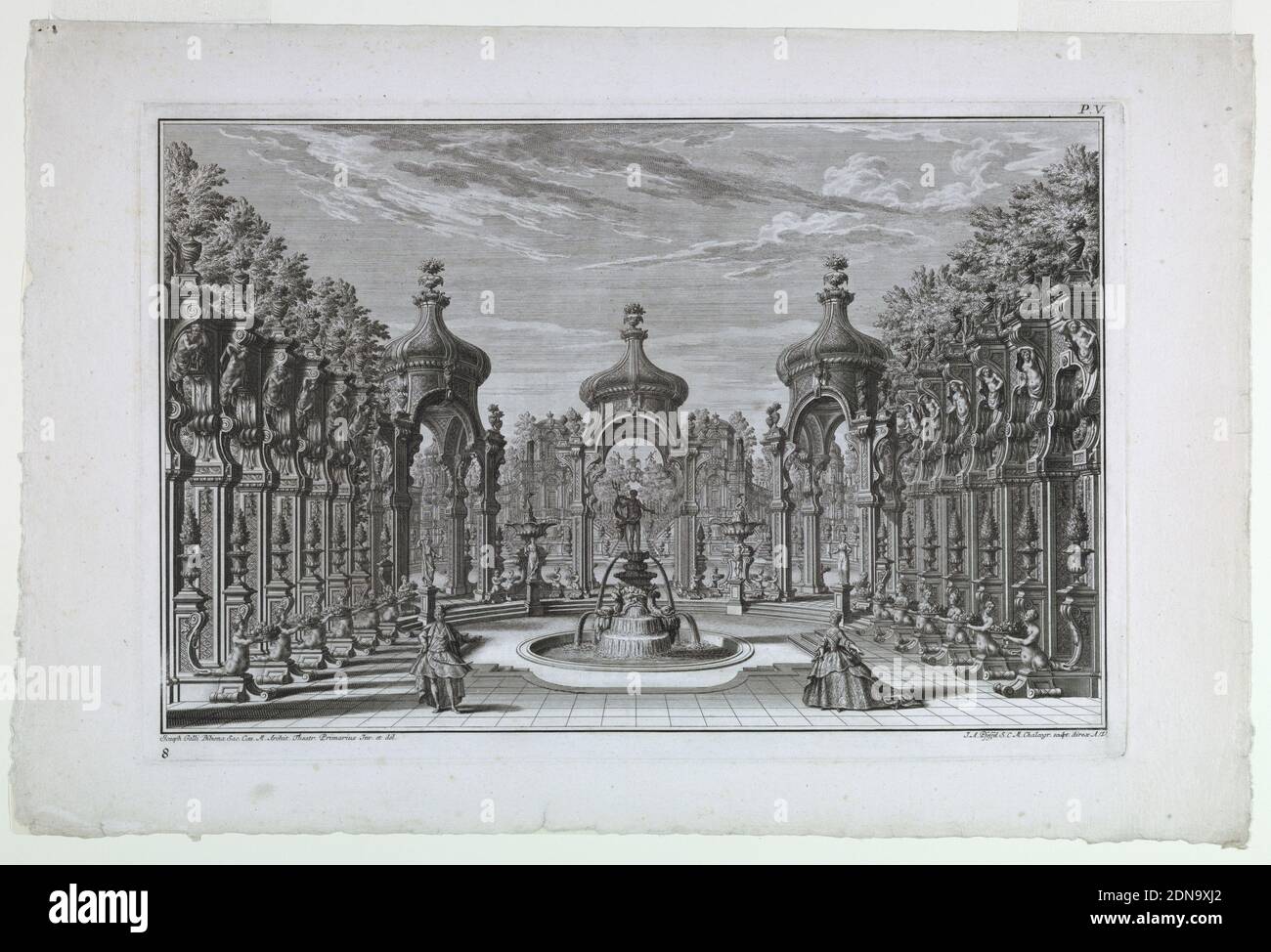 Stage Design: Garden Scene with Fountain, plate 8, part 5, from 'Architetture e Prospettive dedicate alla Maestà di Carlo Sesto', Johann Andréas Pfeffel, German, 1674–1748, Giuseppe Galli Bibiena, Italian, 1696–1756, Etching with engraving on white laid paper, Stage design with a fountain surmounted by figure of Neptune as centerpiece. On left and right are ornamented colonnades with statues, trees, and urns. Beyond colonnade in background is elaborate villa/palace. Male (left) and female (right) figures occupy the foreground in front of the fountain., Augsburg, Germany, 1740–44, theater Stock Photo