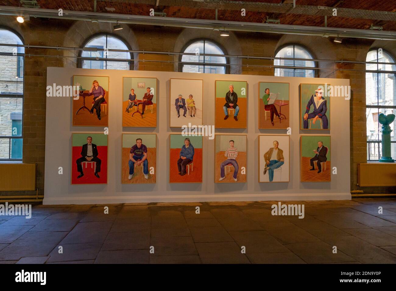 David Hockney portraits in an exhibition at Salts Mill in Saltaire, Yorkshire. Stock Photo