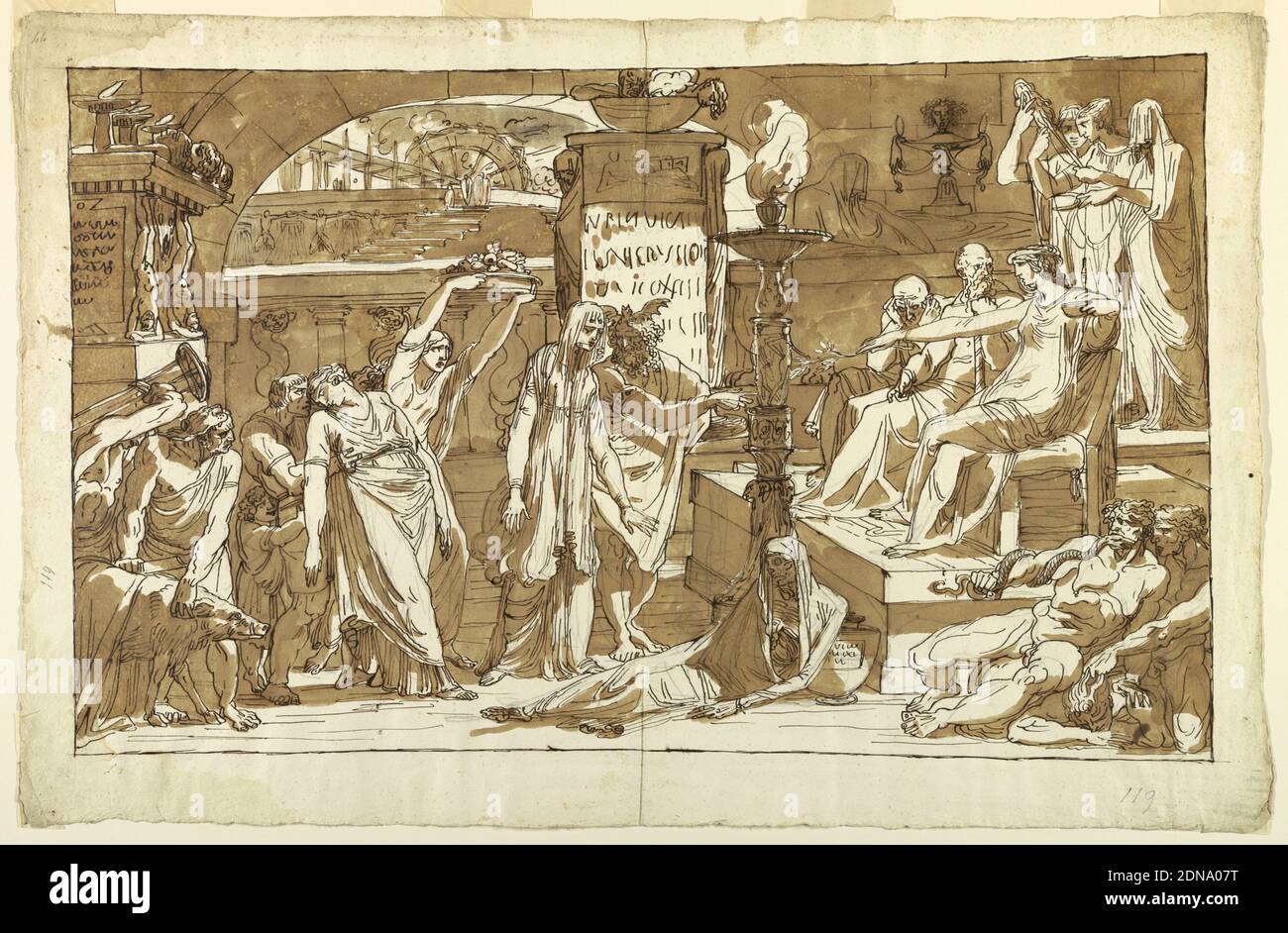 Hades; Persephone in the Underworld (Offering to Proserpine), Felice Giani, Italian, 1758–1823, Pen and black ink, brush and brown wash, graphite on paper, Proserpina, Pluto and Sleep are shown at right seated upon a platform, with the Fates standing behind them. Proserpina extends a branch toward a girls lead to her by Death, a bearded man with a bat upon his head and his name “VS” upon his right sleeve. A man supporting a dead woman comes from left; a boy clings to him. Others come to perform sacrifices. The setting is the hall of the Underworld, lighted by lamps. Stock Photo