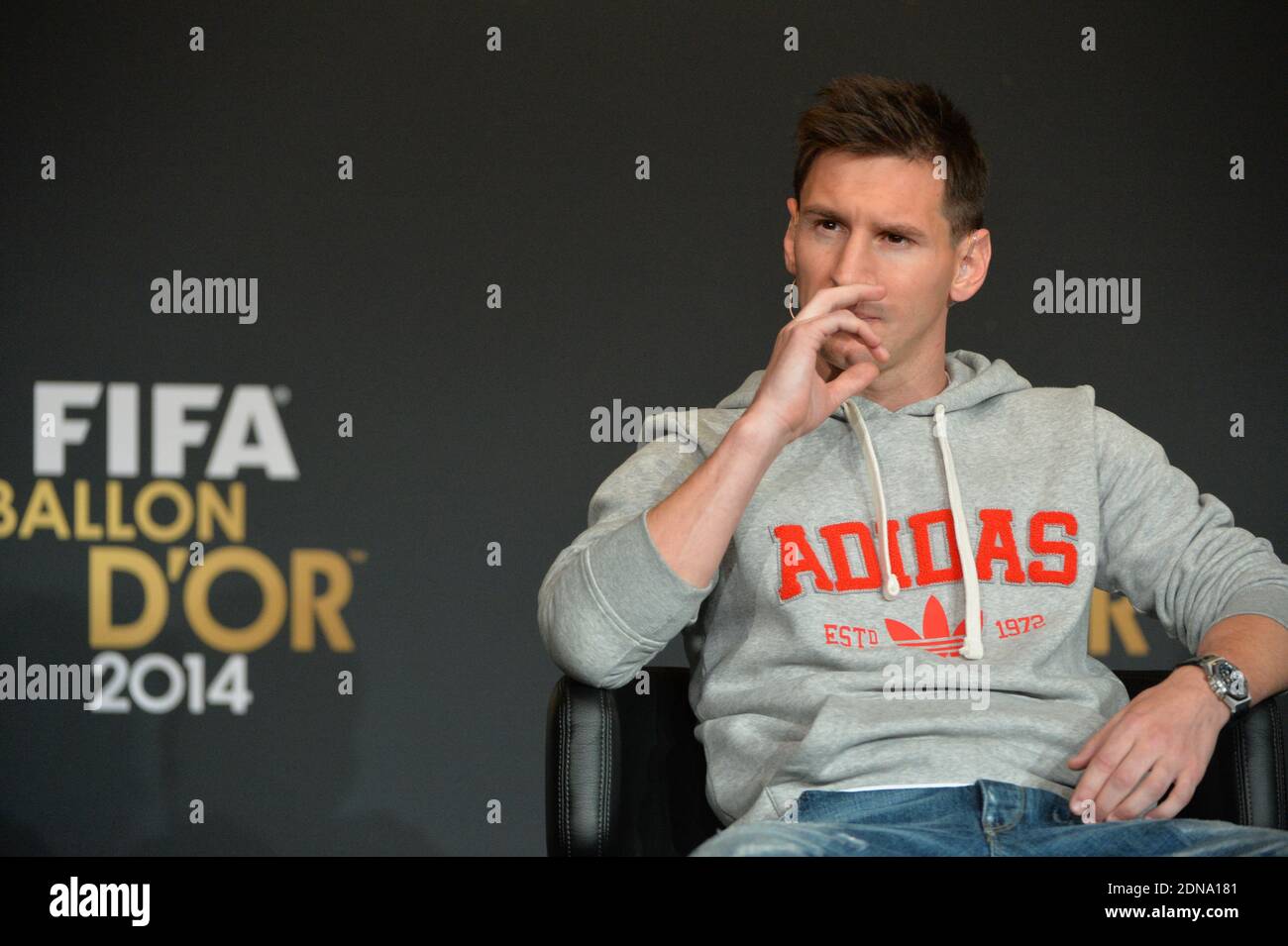 Argentina's Lionel Messi during a press conference before the FIFA Ballon  d'Or 2014 Award Gala at the Kongresshalle in Zurich, Switzerland on January  12, 2015. Photo by Christian Liewig/ABACAPRESS.COM Stock Photo -