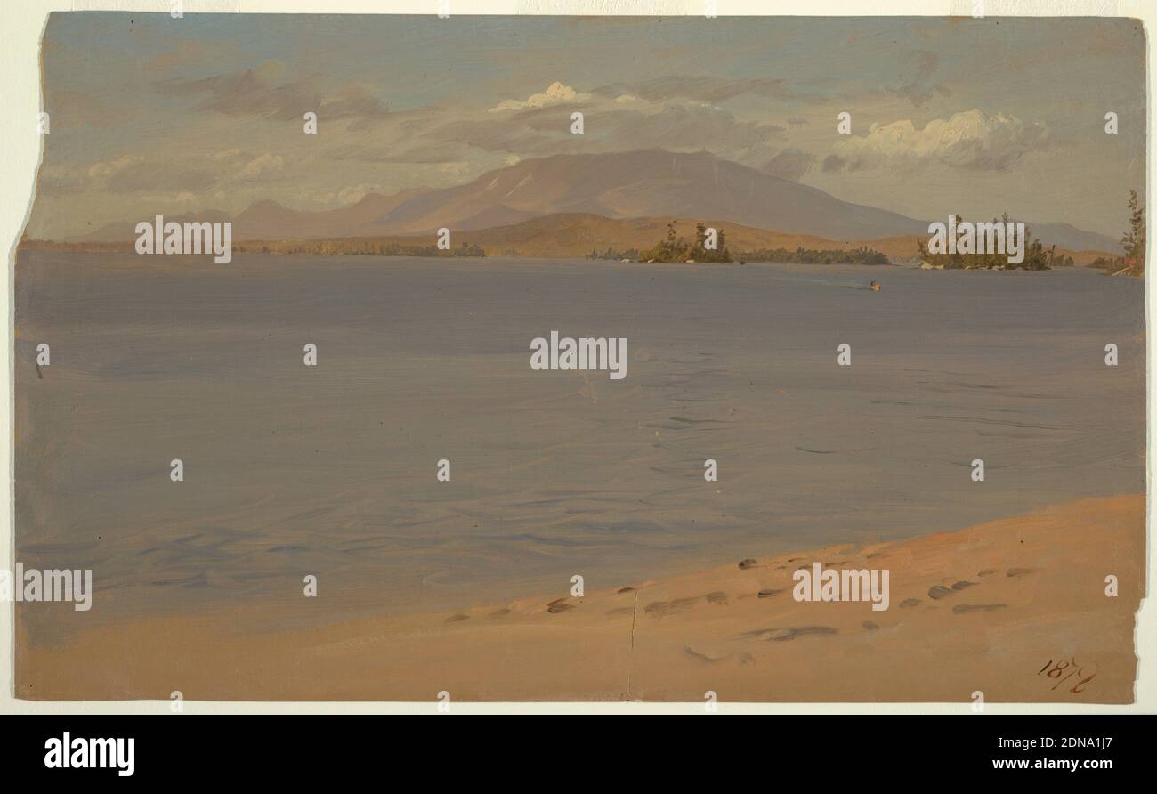Mount Katahdin from Lake Millinocket, Frederic Edwin Church, American, 1826–1900, Brush and oil on cardboard, Horizontal image of a sandy shore in the foreground. A long mountain range is shown in the left background., Maine, USA, 1878, landscapes, Drawing Stock Photo