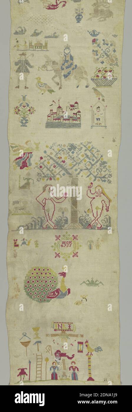 Sampler Medium Silk And Linen Embroidery Linen Foundation Technique Two Sided Cross Double Running Satin And Chain Stitches On Plain Weave Three Religious Scenes Flight Into Egypt Garden Of Eden Crucifixion With Scattered