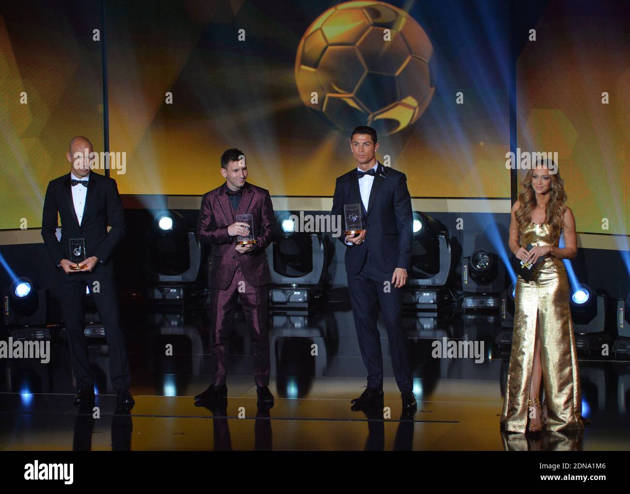 Netherlands' Arjen Robben, Argentina's Lionel Messi and Portugal's  Cristiano Ronaldo during the FIFA Ballon D'Or 2014 Award Gala at the  Kongresshalle in Zurich, Switzerland on January 12, 2015. Photo by  Christian Liewig/ABACAPRESS.COM