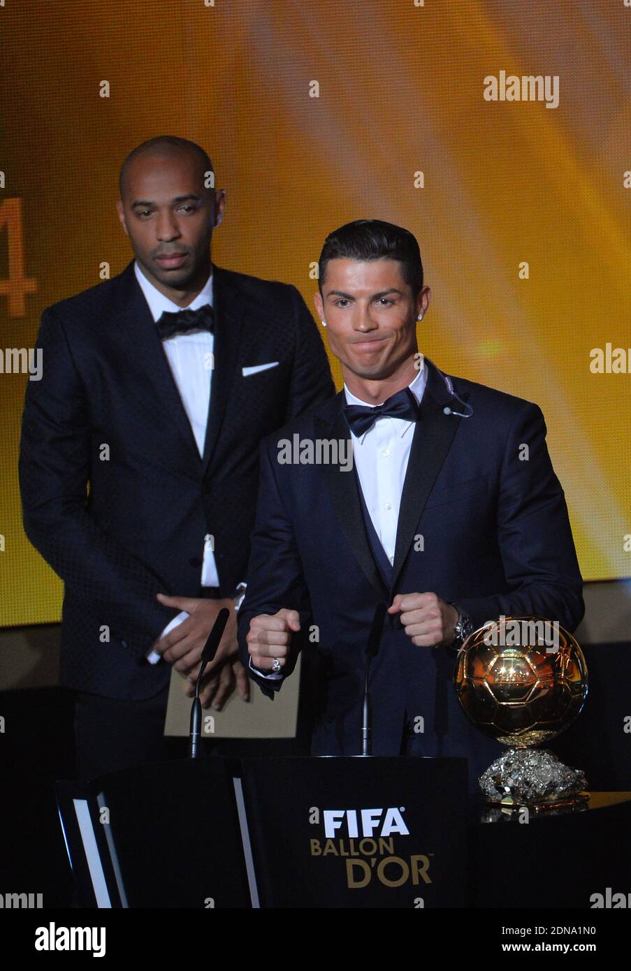 Real Madrid and Portugal forward Cristiano Ronaldo receiving his third Ballon  D'Or with Thierry Henry during the FIFA Ballon D'Or 2014 Award Gala at the  Kongresshalle in Zurich, Switzerland on January 12,