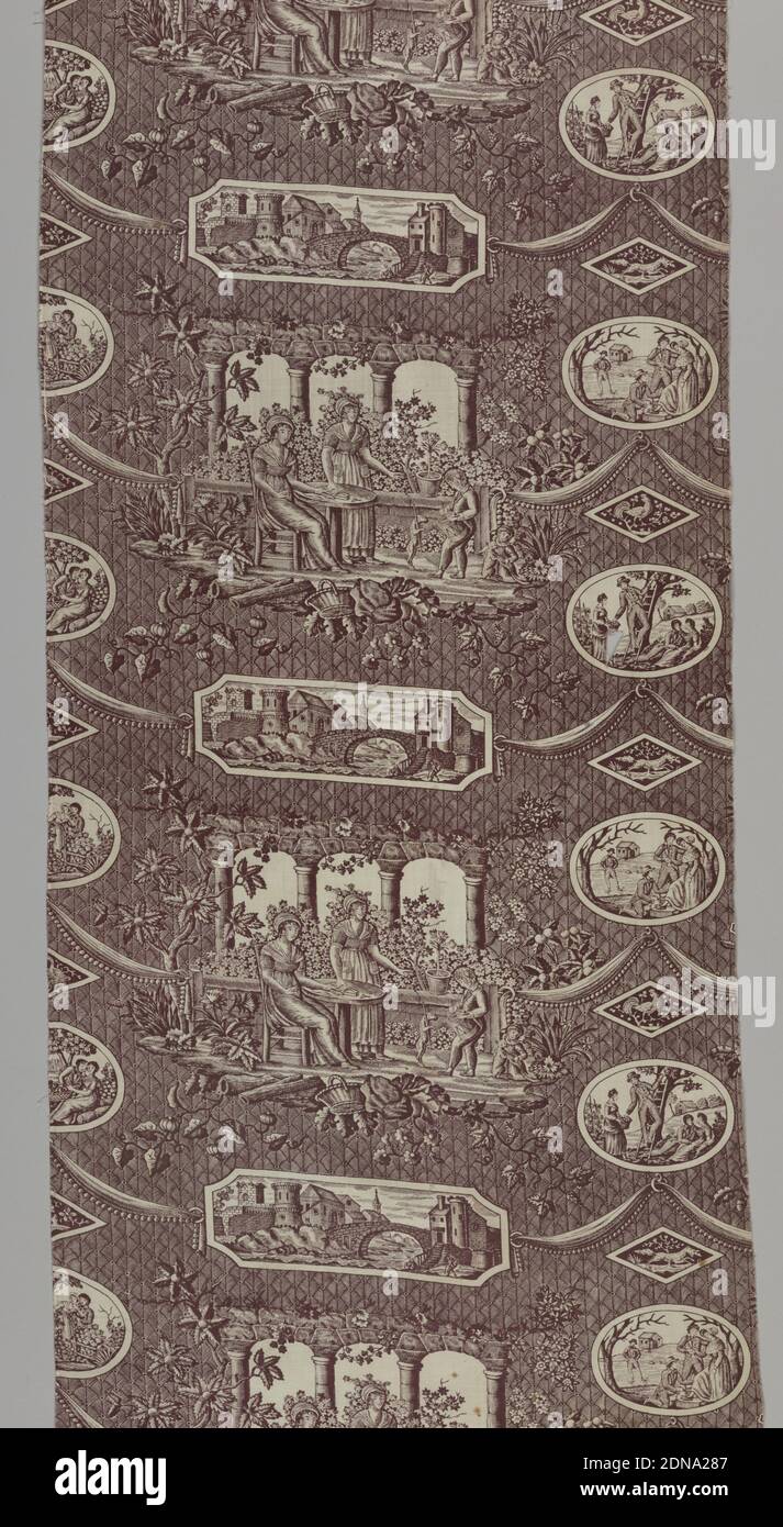 Textile, Medium: cotton Technique: printed by engraved copper plate, Brownish-violet on white ground with a background of a dense imbricated design. Groups and medallions frame various scenes: a larger group on a terrace with two women in caps, high-waisted dresses with kerchiefs; a boy with a drum, dog, and a child with a cat. Oblong medallion frames a castle, bridge over a river, women washing laundry. Small elliptical medallions frame a skating scene, fruit-picking scene., Central Europe, early 18th century, printed, dyed & painted textiles, Textile Stock Photo