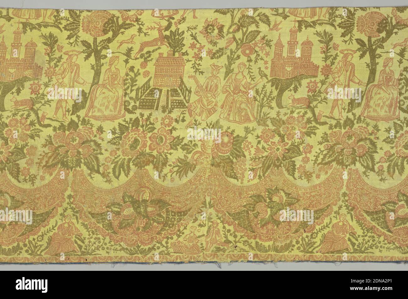 Textile, Medium: wool Technique: printed on twill weave, Panel of yellow wool serge printed in orange red and olive green. Architectural monuments, large scale men and women, and dog chasing a stag among floering trees. Border a festoon of flowers and human figures., Europe, 18th century, printed, dyed & painted textiles, Textile Stock Photo