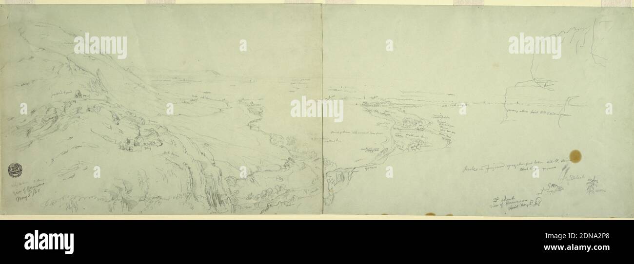 View of Damascus, Syria, Part 2, Frederic Edwin Church, American, 1826–1900, Graphite on off-white paper, Horizontal rectangle continuing the view scene in -a and showing the city in the distance across the plain. Two designs of ears of grain and design of plant details are visible., May 2, 1868, architecture, Drawing Stock Photo