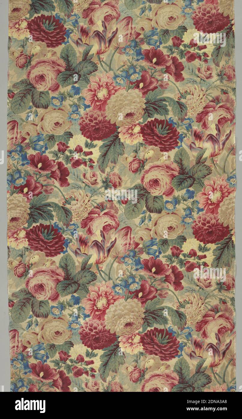 Textile, Medium: cotton Technique: woodblock-printed, Dense, allover floral design with roses, tulips and other flowers in shades of red, green, blue and yellow on a white ground fabric., England, mid-19th century, printed, dyed & painted textiles, Textile Stock Photo