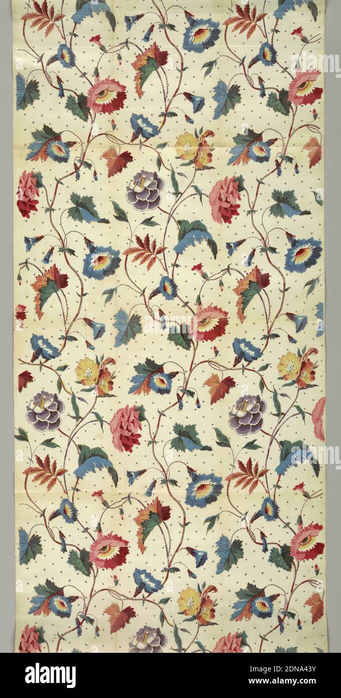 Textile, Medium: cotton Technique: printed, Allover design of floral sprays in polychrome with small widely-spaced polka dots on a white ground., England, late 19th century, printed, dyed & painted textiles, Textile Stock Photo