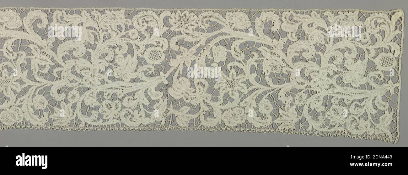 Border, Medium: linen Technique: bobbin lace, discontinuous tape, Guipure lace with a design of foliate scrolls., Italy, 1650–99, lace, Border Stock Photo