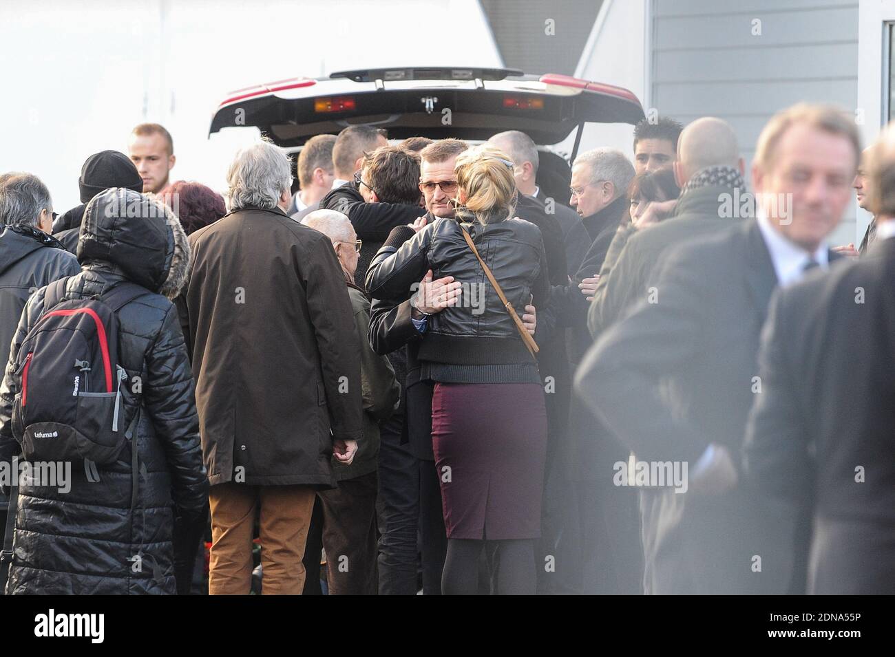 French cartoonist Renald Luzier, aka Luz and Relatives arriving for the funeral of French cartoonist and Charlie Hebdo editor Stephane 'Charb' Charbonnier, on January 16, 2014 in Pontoise, outside Paris. Twelve people were killed, including cartoonists Charb, Wolinski, Cabu and Tignous and deputy chief editor Bernard Maris when gunmen armed with Kalashnikovs and a rocket-launcher opened fire in the Paris offices of Charlie Hebdo on January 7. Photo by ABACAPRESS.COM Stock Photo