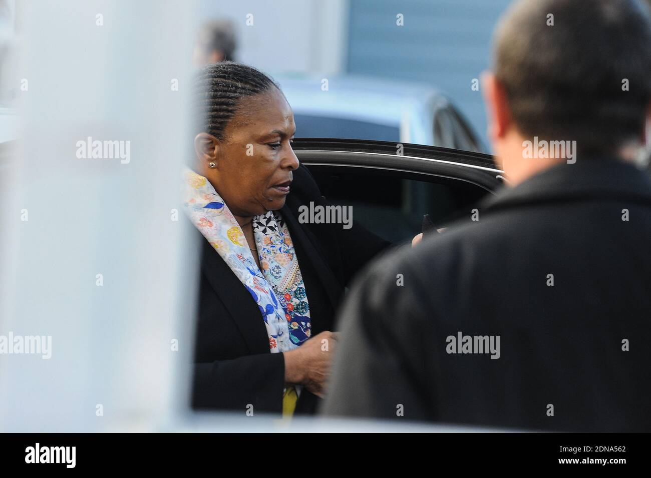 Justice Minister Christiane Taubira arriving for the funeral of French cartoonist and Charlie Hebdo editor Stephane 'Charb' Charbonnier, on January 16, 2014 in Pontoise, outside Paris. Twelve people were killed, including cartoonists Charb, Wolinski, Cabu and Tignous and deputy chief editor Bernard Maris when gunmen armed with Kalashnikovs and a rocket-launcher opened fire in the Paris offices of Charlie Hebdo on January 7. Photo by ABACAPRESS.COM Stock Photo