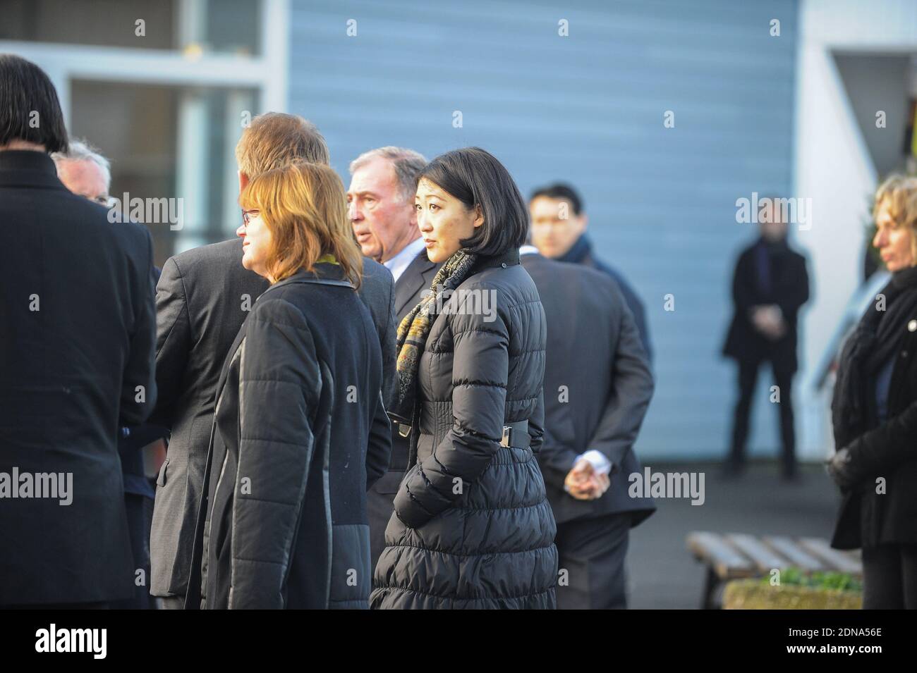 Culture Minister Fleur Pellerin arriving for the funeral of French cartoonist and Charlie Hebdo editor Stephane 'Charb' Charbonnier, on January 16, 2014 in Pontoise, outside Paris. Twelve people were killed, including cartoonists Charb, Wolinski, Cabu and Tignous and deputy chief editor Bernard Maris when gunmen armed with Kalashnikovs and a rocket-launcher opened fire in the Paris offices of Charlie Hebdo on January 7. Photo by ABACAPRESS.COM Stock Photo