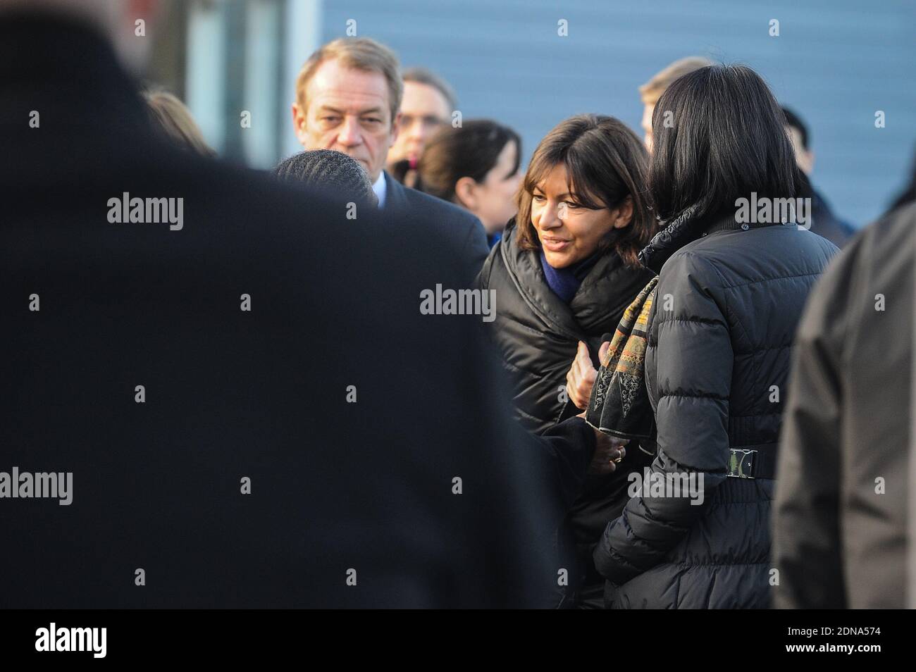 Paris Mayor Anne Hidalgo, Culture Minister Fleur Pellerin arriving for the funeral of French cartoonist and Charlie Hebdo editor Stephane 'Charb' Charbonnier, on January 16, 2014 in Pontoise, outside Paris. Twelve people were killed, including cartoonists Charb, Wolinski, Cabu and Tignous and deputy chief editor Bernard Maris when gunmen armed with Kalashnikovs and a rocket-launcher opened fire in the Paris offices of Charlie Hebdo on January 7. Photo by ABACAPRESS.COM Stock Photo