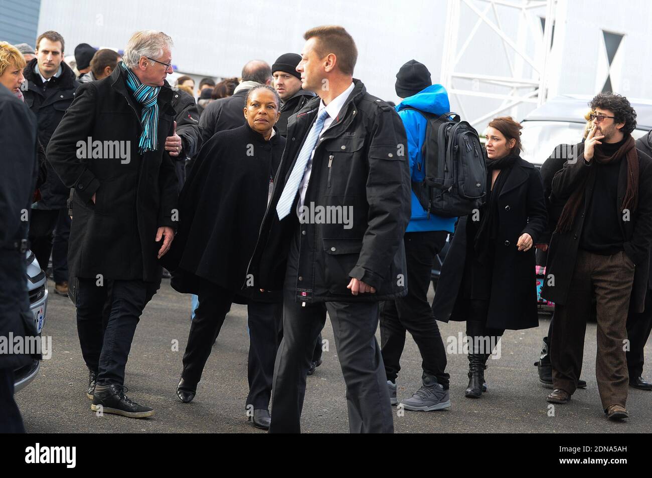 Justice Minister Christiane Taubira leaving the funeral of French cartoonist and Charlie Hebdo editor Stephane 'Charb' Charbonnier, on January 16, 2014 in Pontoise, outside Paris. Twelve people were killed, including cartoonists Charb, Wolinski, Cabu and Tignous and deputy chief editor Bernard Maris when gunmen armed with Kalashnikovs and a rocket-launcher opened fire in the Paris offices of Charlie Hebdo on January 7. Photo by ABACAPRESS.COM Stock Photo