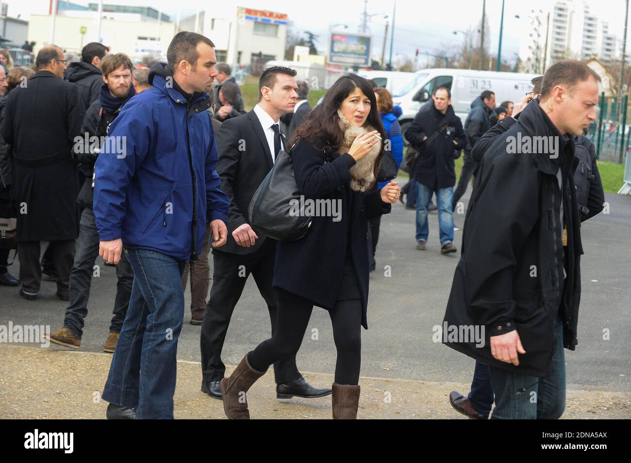 Charlie Hebdo's journalist Zineb El Rhazoui leaving the funeral of French cartoonist and Charlie Hebdo editor Stephane 'Charb' Charbonnier, on January 16, 2014 in Pontoise, outside Paris. Twelve people were killed, including cartoonists Charb, Wolinski, Cabu and Tignous and deputy chief editor Bernard Maris when gunmen armed with Kalashnikovs and a rocket-launcher opened fire in the Paris offices of Charlie Hebdo on January 7. Photo by ABACAPRESS.COM Stock Photo