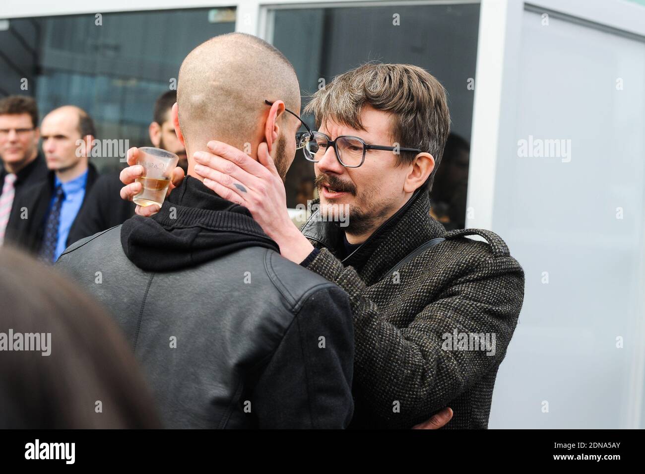 Charlie Hebdo cartoonist Renald Luzier aka 'Luz' leaving the funeral of French cartoonist and Charlie Hebdo editor Stephane 'Charb' Charbonnier, on January 16, 2014 in Pontoise, outside Paris. Twelve people were killed, including cartoonists Charb, Wolinski, Cabu and Tignous and deputy chief editor Bernard Maris when gunmen armed with Kalashnikovs and a rocket-launcher opened fire in the Paris offices of Charlie Hebdo on January 7. Photo by ABACAPRESS.COM Stock Photo