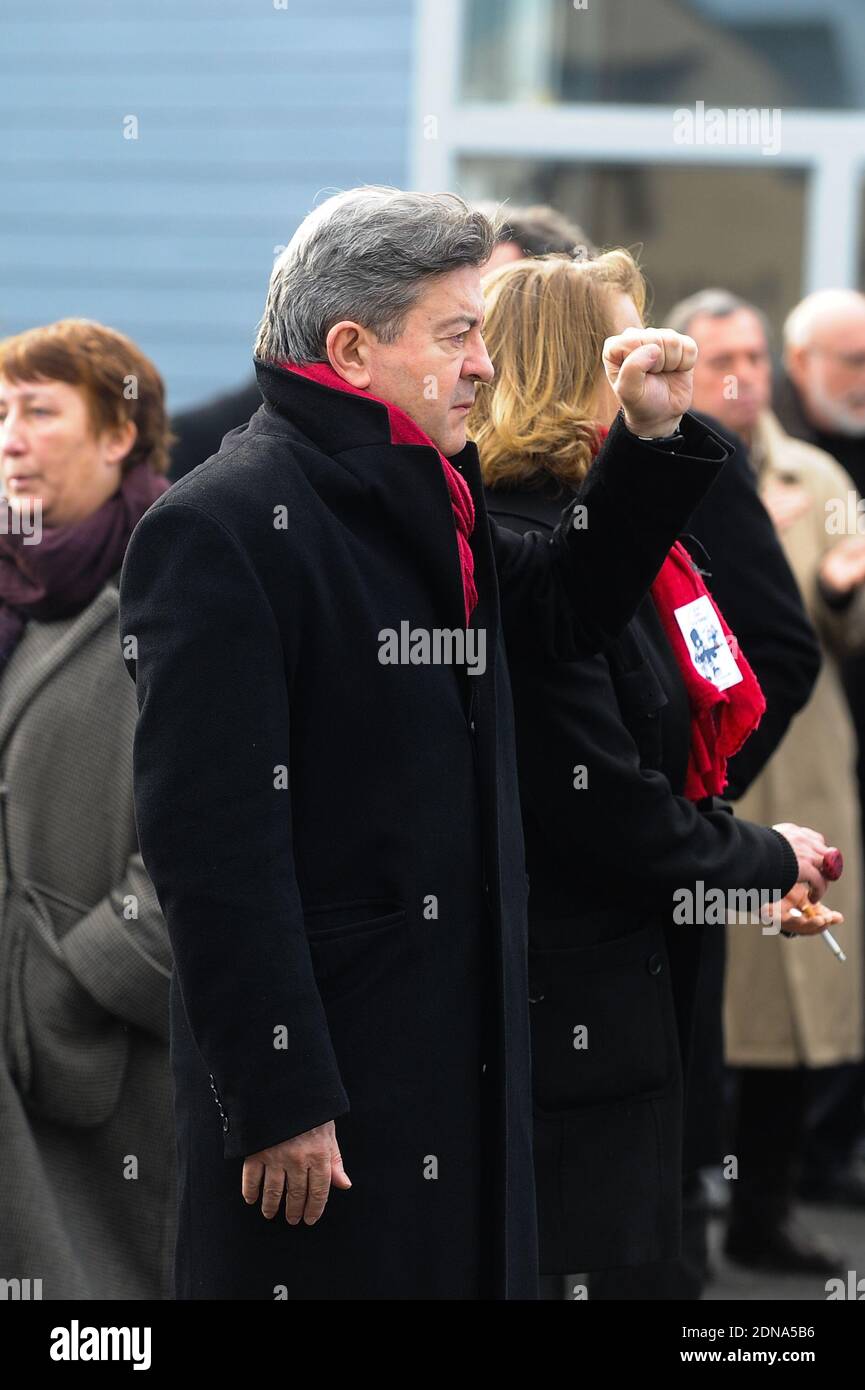 Front de Gauche leader Jean-Luc Melenchon leaving the funeral of French cartoonist and Charlie Hebdo editor Stephane 'Charb' Charbonnier, on January 16, 2014 in Pontoise, outside Paris. Twelve people were killed, including cartoonists Charb, Wolinski, Cabu and Tignous and deputy chief editor Bernard Maris when gunmen armed with Kalashnikovs and a rocket-launcher opened fire in the Paris offices of Charlie Hebdo on January 7. Photo by ABACAPRESS.COM Stock Photo
