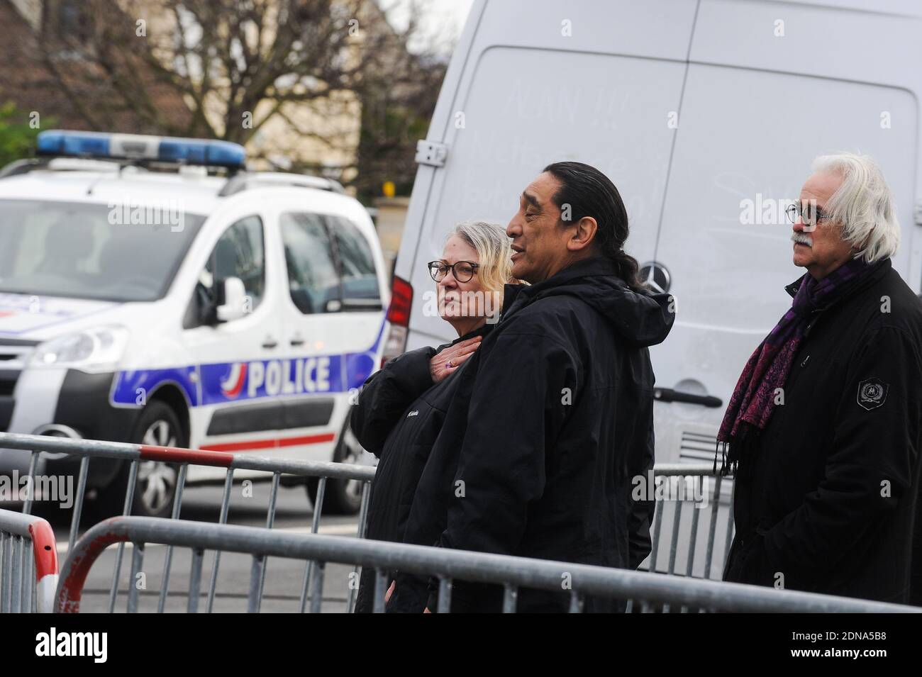 French actress, writer and director Josiane Balasko and her husband leaving the funeral of French cartoonist and Charlie Hebdo editor Stephane 'Charb' Charbonnier, on January 16, 2014 in Pontoise, outside Paris. Twelve people were killed, including cartoonists Charb, Wolinski, Cabu and Tignous and deputy chief editor Bernard Maris when gunmen armed with Kalashnikovs and a rocket-launcher opened fire in the Paris offices of Charlie Hebdo on January 7. Photo by ABACAPRESS.COM Stock Photo