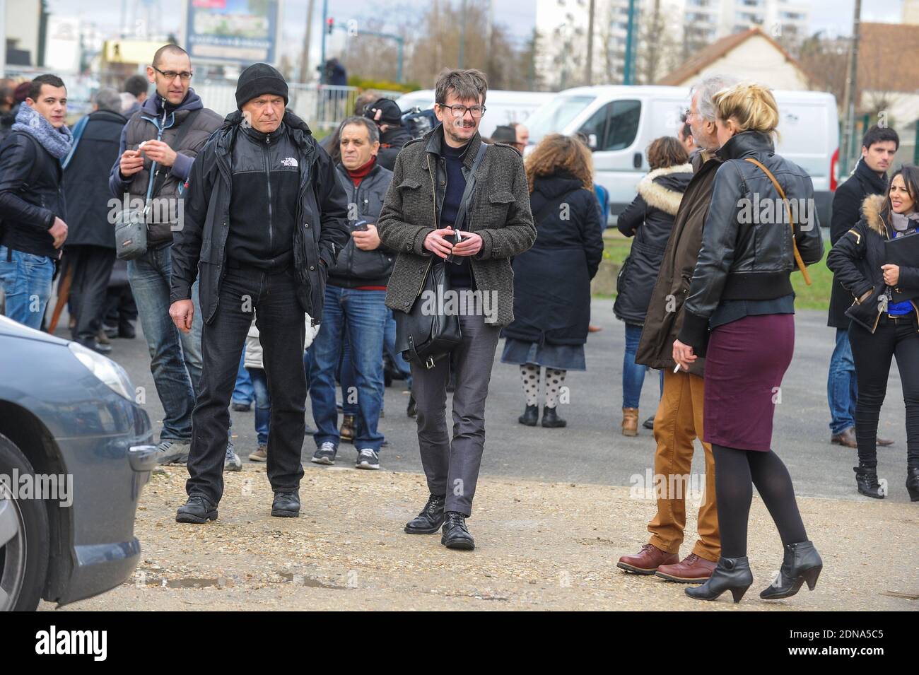 Charlie Hebdo cartoonist Renald Luzier aka 'Luz' leaving the funeral of French cartoonist and Charlie Hebdo editor Stephane 'Charb' Charbonnier, on January 16, 2014 in Pontoise, outside Paris. Twelve people were killed, including cartoonists Charb, Wolinski, Cabu and Tignous and deputy chief editor Bernard Maris when gunmen armed with Kalashnikovs and a rocket-launcher opened fire in the Paris offices of Charlie Hebdo on January 7. Photo by ABACAPRESS.COM Stock Photo