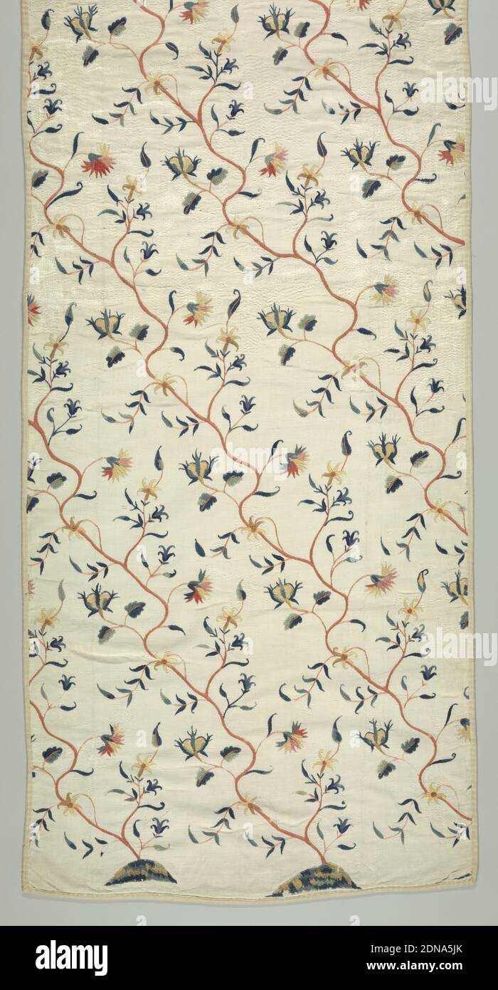 Textile, Medium: crewel wool, linen, cotton Technique: embroidery on plain weave, Delicate attenuated pink stems bearing small rose-buds, daisies, carnations, in shades of tan and pink; various small leaves in blue; each stem rising diagonally in continuous somewhat irregular serpentines from small mound in tan and blues. Two and one half mounds in this piece. In satin, herringbone, a little knot stitch. Linen warps; cotton wefts; except for two heavy cotton warps inserted at intervals., Europe, 18th century, embroidery & stitching, Textile Stock Photo