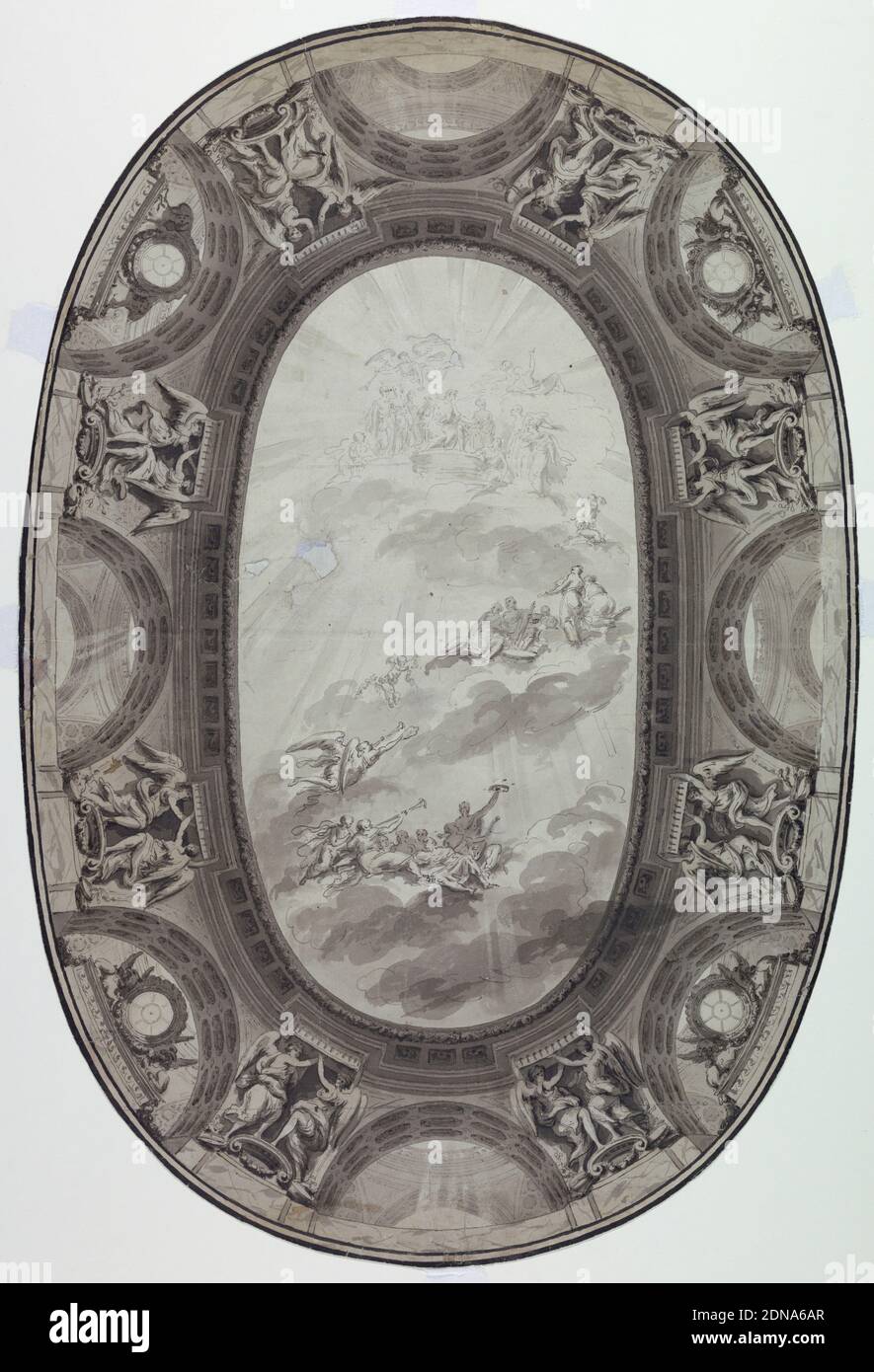 Project for the Painted Decoration of the Ceiling of a Hall (Painted Oval Ceiling), Jean Baptiste-Marie Pierre, French, 1714 – 1789, Pen and black ink, brush and gray and black wash on two sheets of off-white heavy laid paper joined together horizonatally, lined, Image of an oval ceiling, without the room setting. At the center, a view at the sky passing an oval entablature. In the sky are Apollo, the Muses and genii. The entablature is supported by arches through which parts of further structures are shown. In four of the arches stand pedestals with griffins crouching beside a clock-like form Stock Photo