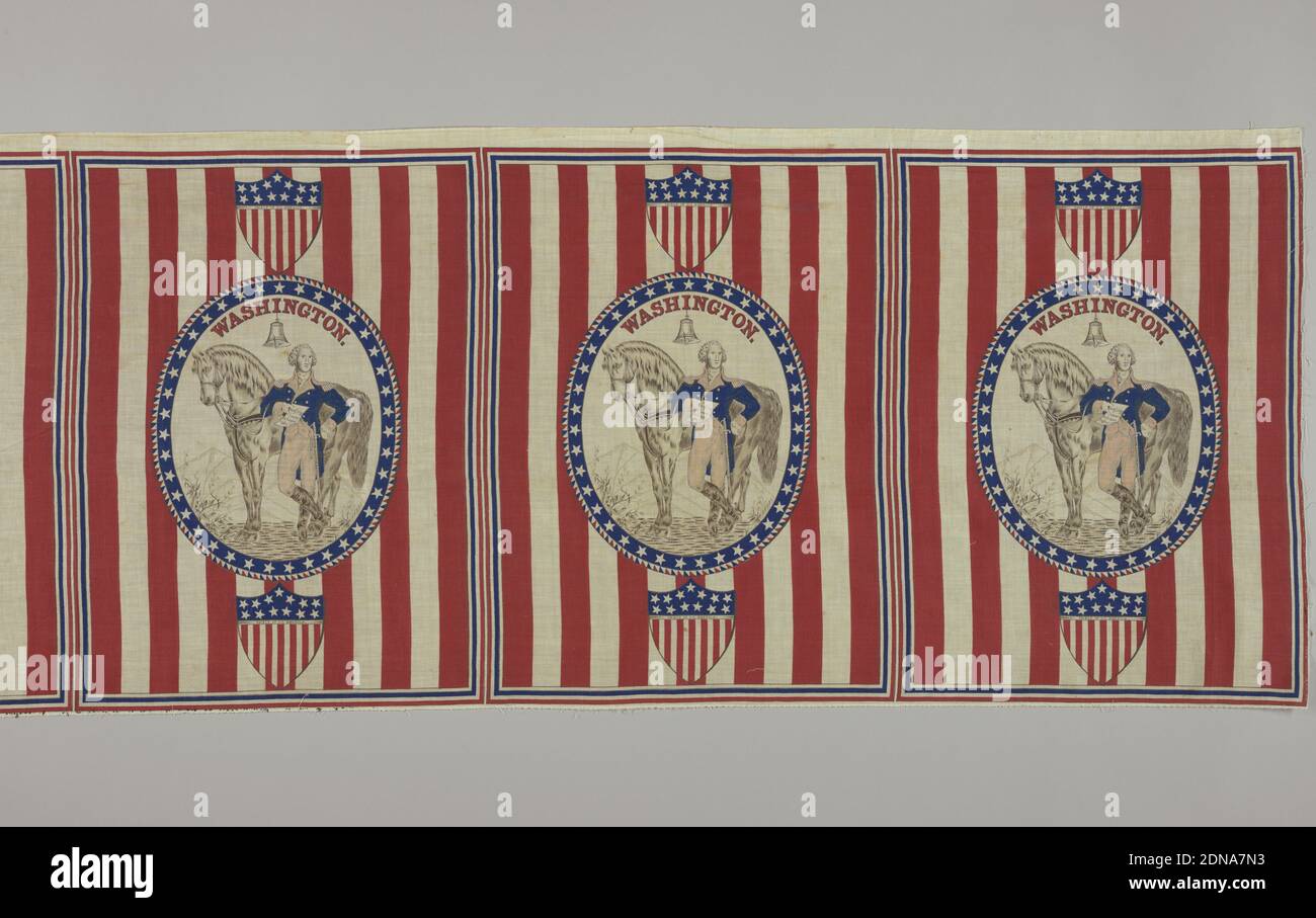 Square, Medium: cotton Technique: printed on plain weave, Eight repeats of a medallion showing George Washington standing in front of a horse holding a piece of paper that reads: 'Washington Victory Is Ours Paul Jones.' Top part of the medallion reads 'Washington' with the Liberty Bell just below. Medallion has thirty-nine stars. Above and below each medallion is a shield flag with thirteen stars. Red and white vertical stripes fill the background., USA, mid- 19th century, printed, dyed & painted textiles, Square Stock Photo