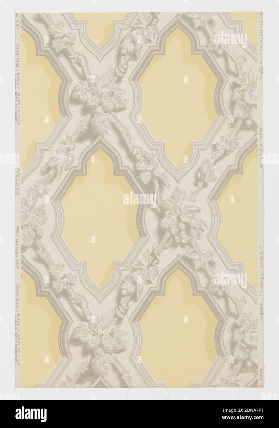 English Gothic, M.H. Birge & Sons Co., 1834, Machine printed on paper, Representing ornamental plaster form of decoration in English Gothic used in the first half of the 19th century. Composed of criss-crossing wide bands ornamented with leaves, flowers, nuts and fruits. Bands are edged with simulated moldings. A reproduction of an old wallpaper from the walls of the front entry of John Sible's house, Hancock Street, Salem, Massachusetts. It was put on walls in 1858. Printed on reverse side: 'No. 295 CB'. Printed in grisaille on pale gold field. Not original colors., Buffalo, New York, USA Stock Photo