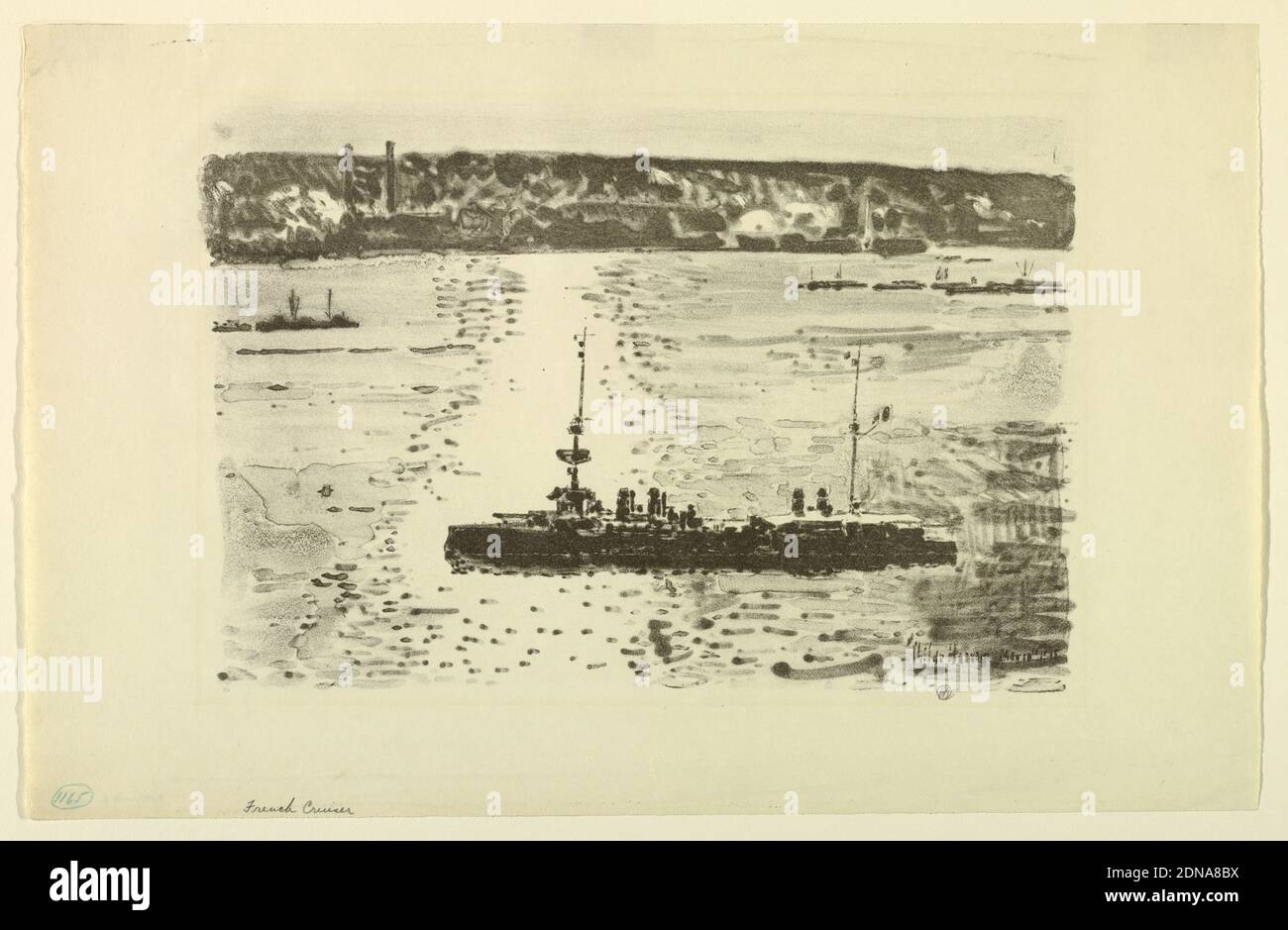 French Cruiser, Childe Hassam, American, 1859–1935, Lithograph on paper, A naval ship is seen in the Hudson River, with the New Jersey shore line in the distance., USA, May 10, 1918, seascapes, Print Stock Photo