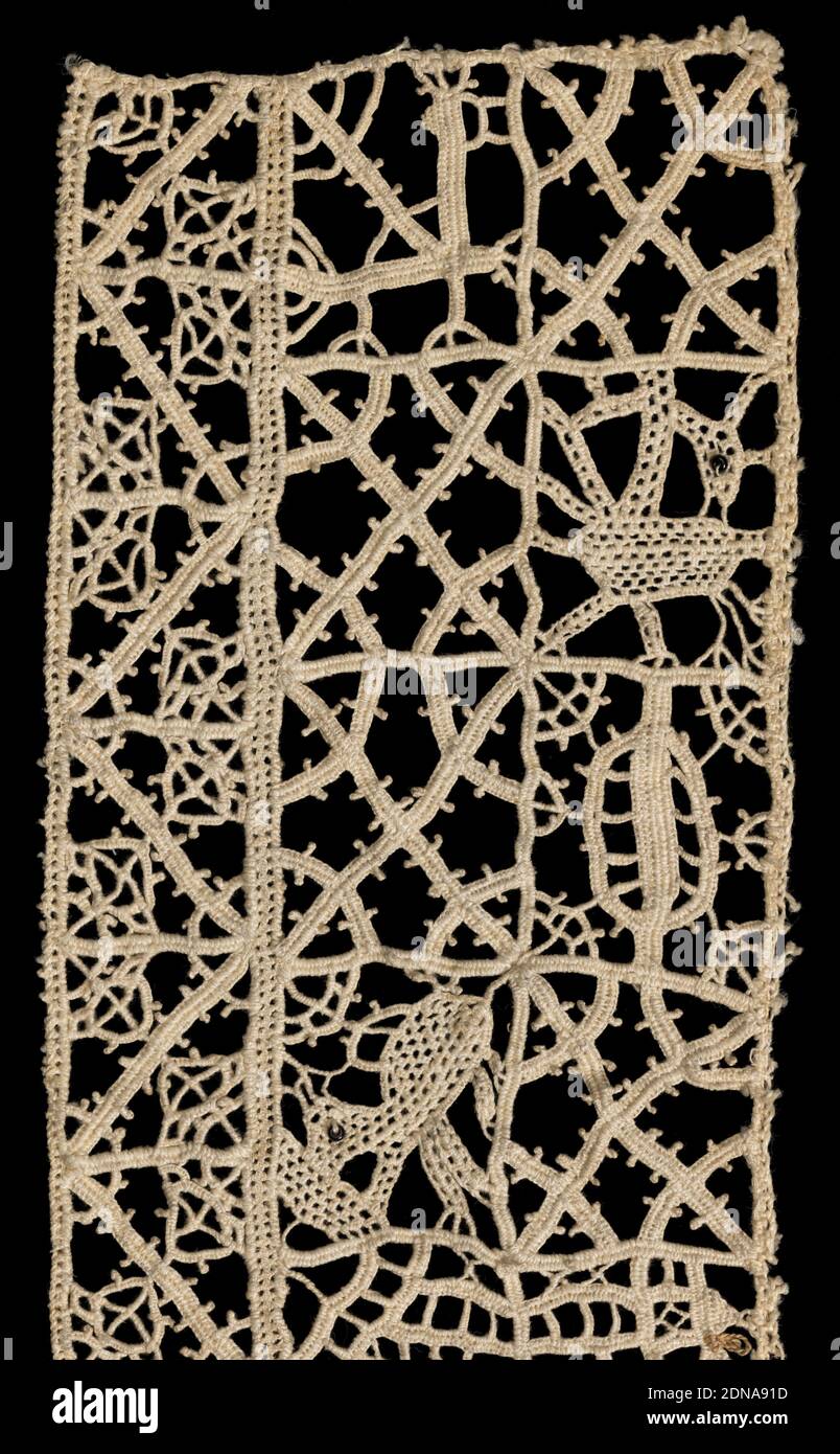 Border, Medium: linen Technique: grid of withdrawn element work with needle lace, reticella style, Geometrically arranged design of abstract human and animal forms contained with square units and bordered on one side by a zigzag band and smaller geometric forms., Italy, mid-16th century, lace, Border Stock Photo