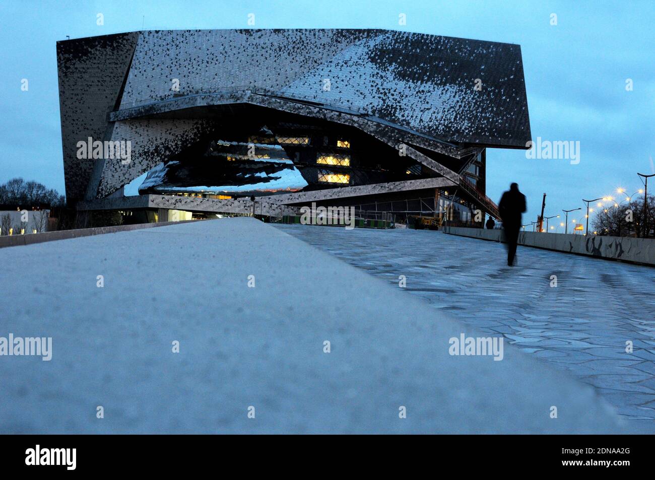 The new 'Philharmonie de Paris' in the Parc de la Villette, near Porte de Pantin in northeastern Paris, France on January 19, 2015. The Philharmonie, a multi-level concert complex designed by French architect Jean Nouvel whose main hall seats 2,400 on sweeping balconies surrounding the centre stage, took eight years and 386 million euros (455 million Dollars) of public money to build -- a budget three times its initial estimate. Photo by Alain Apaydin/ABACAPRESS.COM Stock Photo
