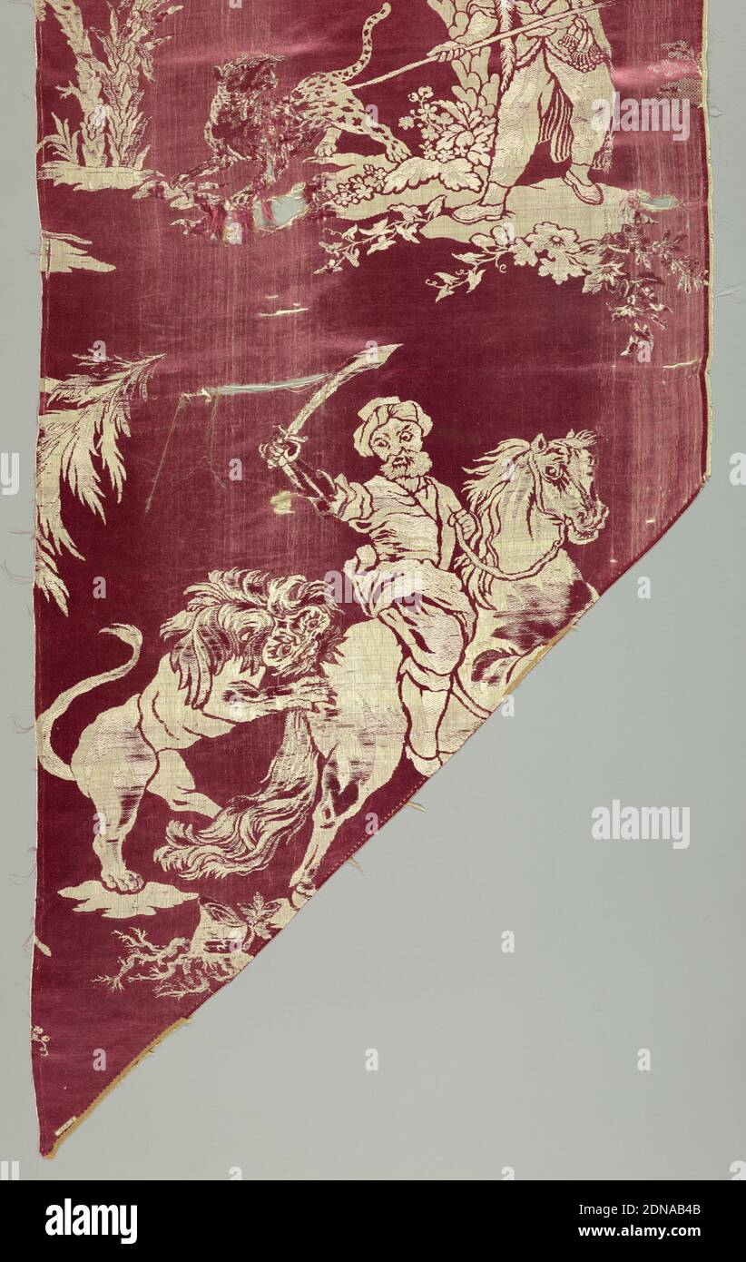Fragments, Medium: silk Technique: compound satin weave, Rose satin ground with off-white weft patterning. Fragments show alternating vertical large-scale repeat vignettes of a horseman under attack by a leopard, a horseman with a raised scimitar fends off an attack by a lion, and a man standing before a large palm tree stabs a leopard. Men are dressed in a variety of Eastern costume., France, 1750–1800, woven textiles, Fragments Stock Photo