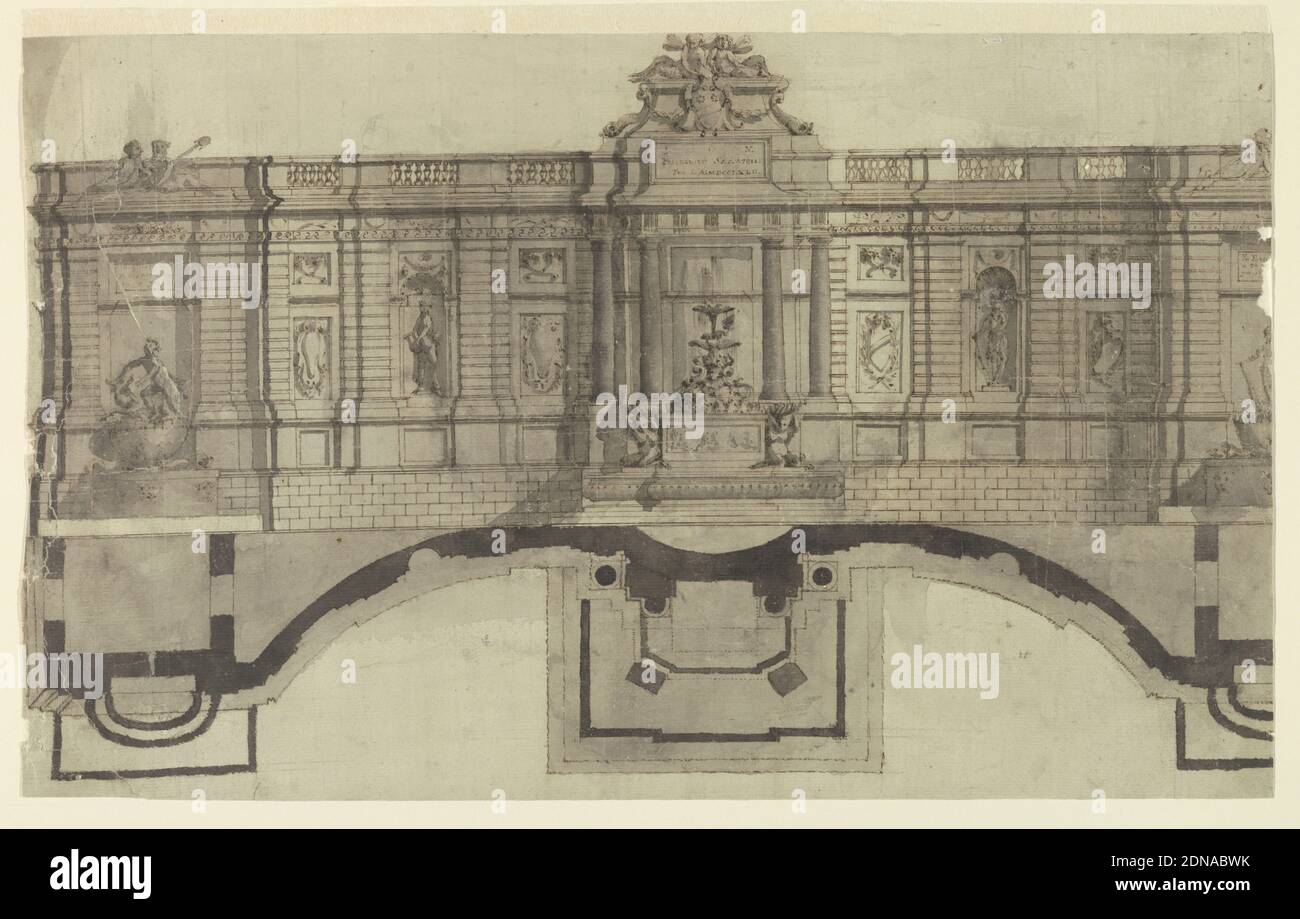 Wall Fountain Elevation, Pellegrino Sabbatelli, Italian, Pen and brown ink, brush and gray and black wash, graphite on cream paper, A wall fountain elevation composed of three parts. A central fountain is set between paired columns with a sculptured entablature. Niches flanked by panels bearing arms separate the central fountain from flanking basins with sculpture at the extremities. Below: ground plan of the structure., Italy, 1792, architecture, Drawing Stock Photo