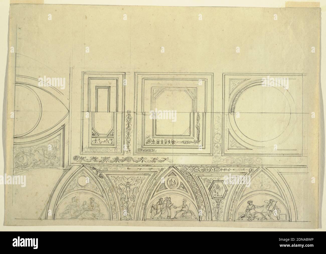 Vaulted Ceiling with Alternative Designs, Felice Giani, Italian, 1758–1823, Pen and ink over traces of graphite on greyish laid paper, Row of big coffers of various design, supported by pointed arches separated by spandrels. Representations in lunettes, at bottom of arches, reference to Athena as protector of arts. Candelabrum motifs in spandrels., Italy, ca. 1750, Drawing Stock Photo