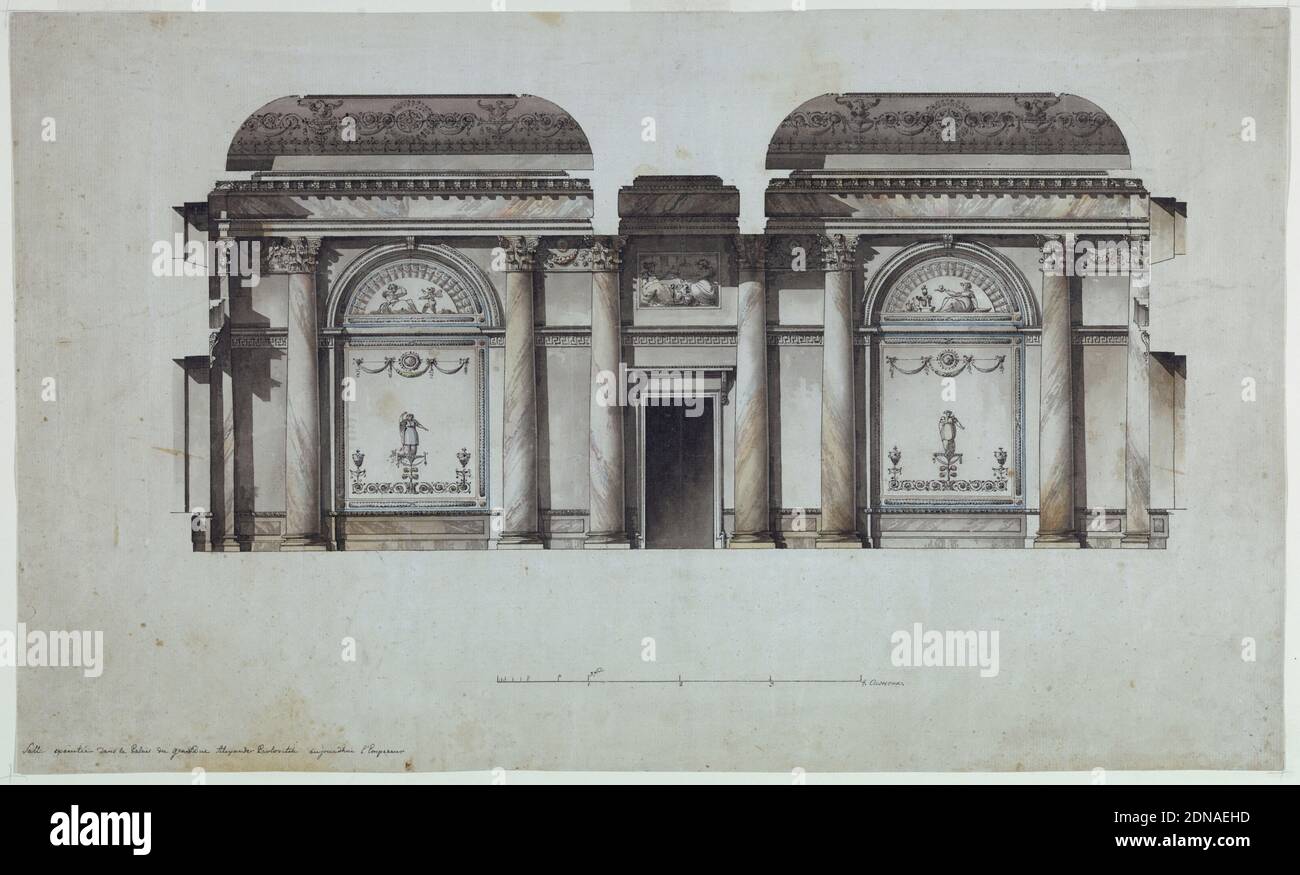 Wall Elevation, Alexander Palace, Tsarkoie-Selo, Russia, Pen and black ink, brush and watercolor on paper, Elevation of a wall. Horizontal composition in which two pairs of embedded columns flank a low and narrow door. Wall panels with arched, shallow straight niches follow them and are flanked at the either side by columns and pilasters. The panels are decorated. Inscriptions in the bottom left of sheet in black ink., Italy, 1792–96, architecture, Drawing Stock Photo