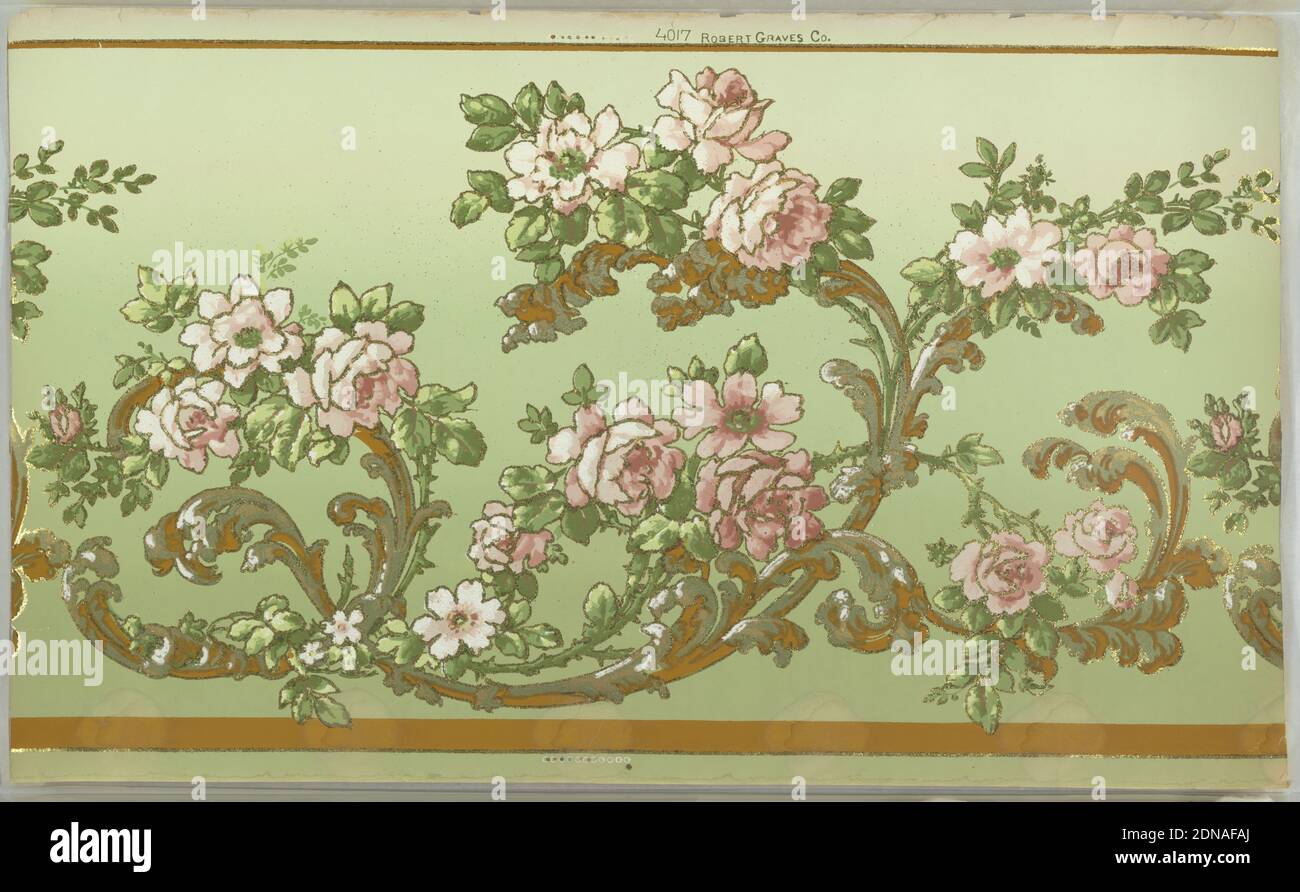 Frieze, Robert Graves Co., New York, New York, Machine-printed paper, mica flakes, Flitter frieze. Waving foliate scrolls with vining pink flowers. Ground shades from green to light green. Printed in greens, pinks, white, gold mica flakes (outlining design), liquid gold mica, and brown. Water damage along the bottom., Printed in top selvedge: 'Robert Graves Co. 4017', New York, New York, USA, 1905–1915, Wallcoverings, Frieze Stock Photo