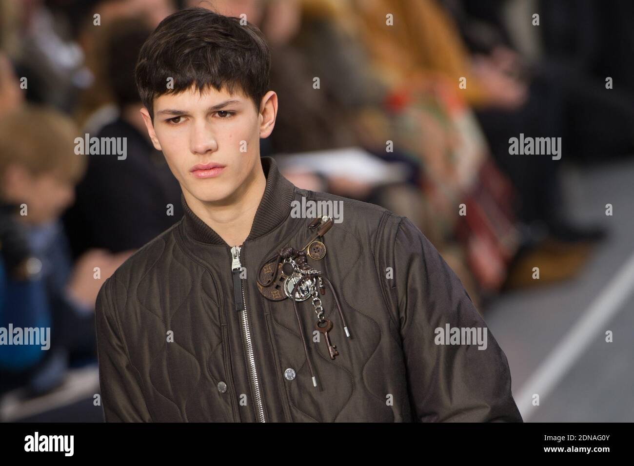 A model displays a creation by designer Kim Jones for Louis Vuitton Fall-Winter 2015/2016 men's collection presentation held at 'the grande Serre', Parc Andre Citroen in Paris, France, on January 22, 2015. Photo by Thierry Orban/ABACAPRESS.COM Stock Photo