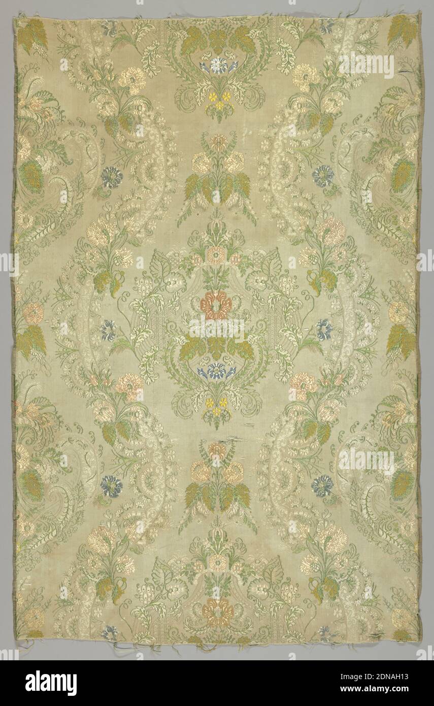 Fragment, Medium: silk Technique: plain weave with continuous and discontinuous supplementary weft patterning, Length of woven silk with lace-like serpentine bands framing symmetrical floral elements in pastel colors on an off-white ground., Spain, 18th century, woven textiles, Fragment Stock Photo