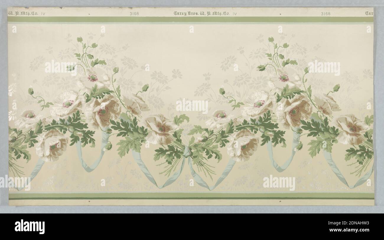 Frieze, Carey Bros. W.P. Mfg. Co., Philadelphia, Pennsylvania, founded 1882, Machine-printed paper, liquid mica, On gray-white ground, group of white flowers with silhouette of white flowers and green vines and leaves connected by light blue ribbon; upper and lower borders in green., Philadelphia, Pennsylvania, USA, 1905–1915, Wallcoverings, Frieze Stock Photo